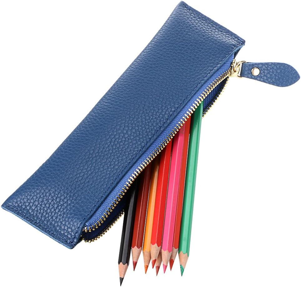 BTSKY Genuine Leather Pencil Case - Zippered Pen Case Stationery Bag Zipper Pouch Pencil Holder(Blue) image number 5