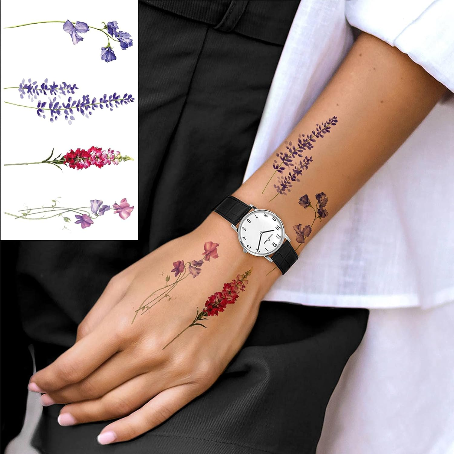 COKTAK 12Pieces/Lot 3D Watercolor Lavender Flower Temporary Tattoos for Women Body Art Arm Fake Flora Adults Tattoo Sheet Sticker Waterproof Girls Tatoos Paper image number 6