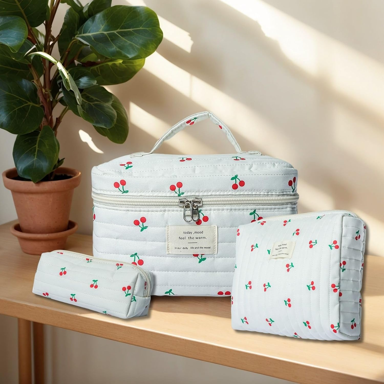 Poemtian 3Pcs Makeup Bag, Toiletry Bag, Cotton Quilted Makeup Bag Large Travel Cosmetic Bag, Cute Aesthetic Toiletry Bag for Women Girls image number 4