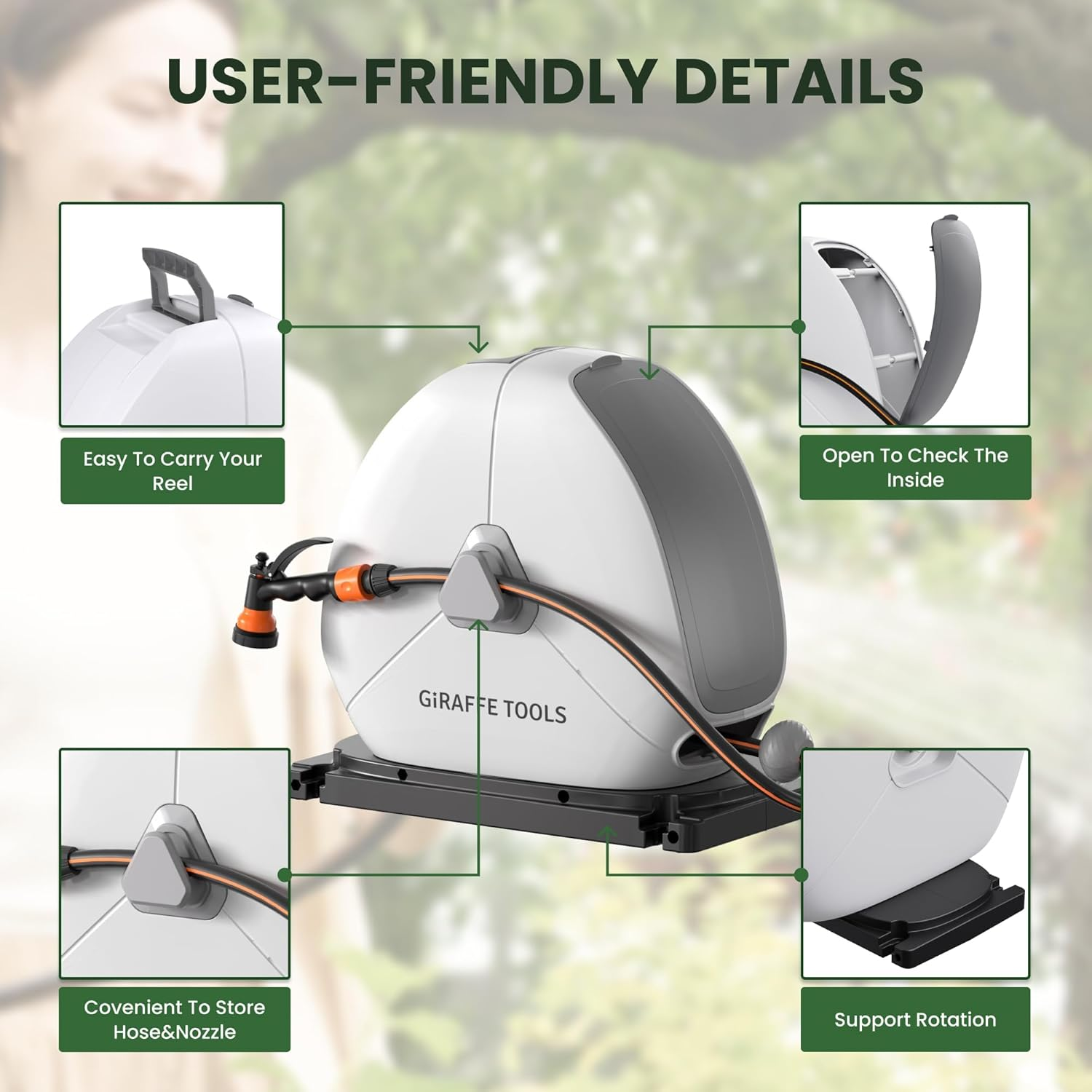 Giraffe Tools Retractable Hose Reel with 25M, Heavy Duty Ground Mount Garden Hose Reel, with 9-Function Sprayer Nozzle & Flexible Swivel Base image number 5