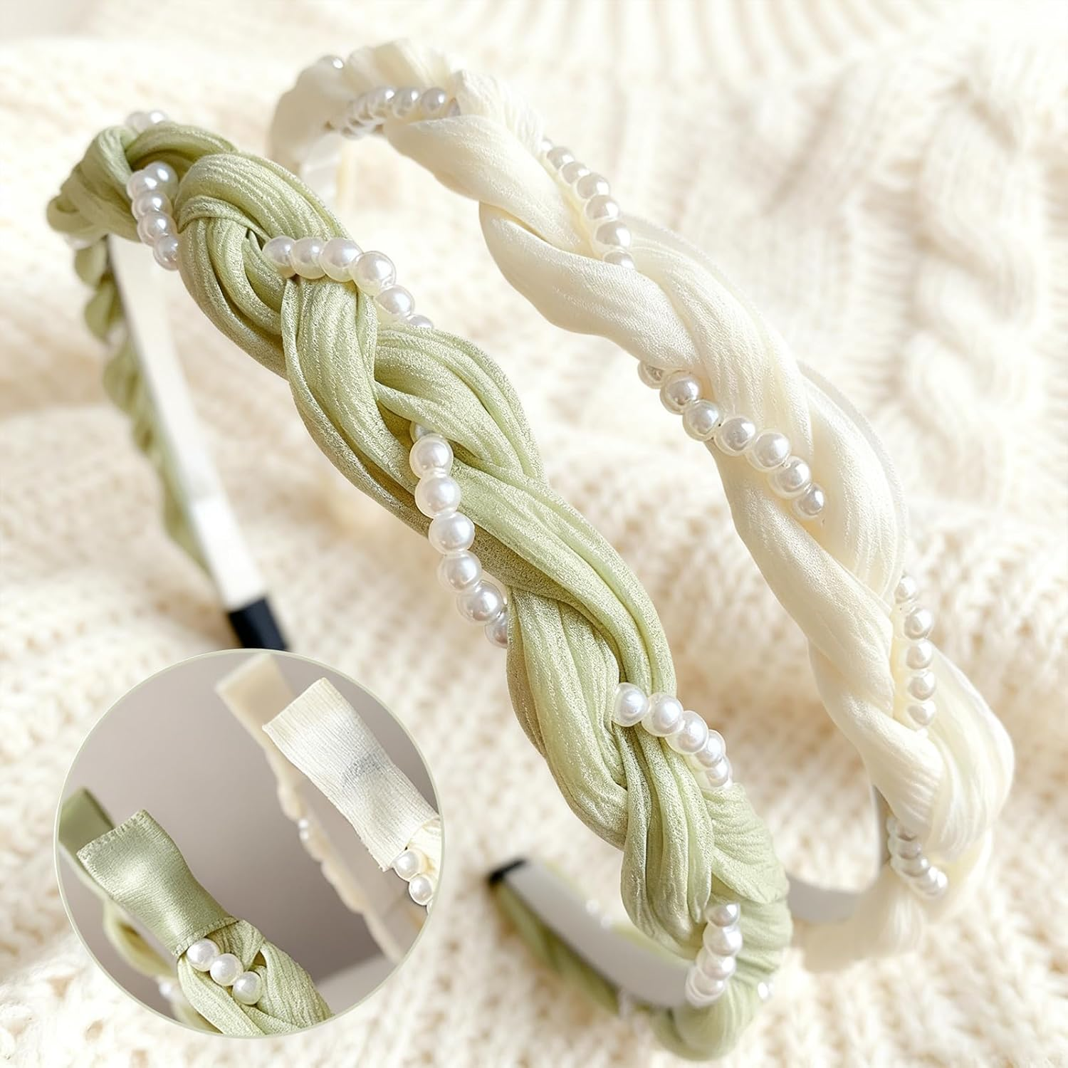 Pack of 2 Women'S Headbands, Braided Pearl Headbands, Headbands, Hair Band for Girls, Women, Headband Dirndl, Costume Headband for Everyday Wedding Garden Party (Green + White) image number 3