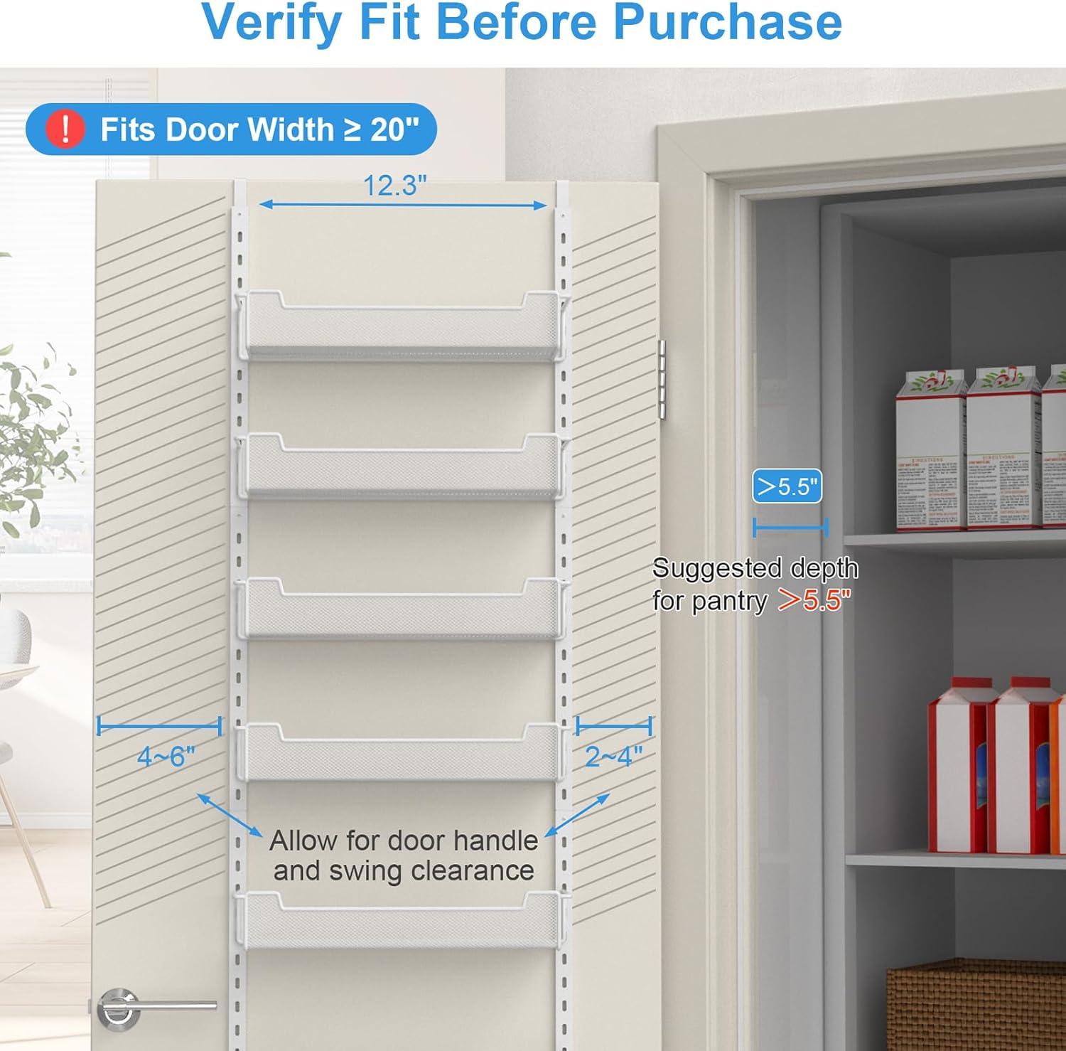 12.3" W Narrow over the Door Pantry Organizer, 6-Tier over the Door Organizer with Adjustable Basket, Pantry Door Organization for Pantry Kitchen Storage Room Spice Rack, White image number 7