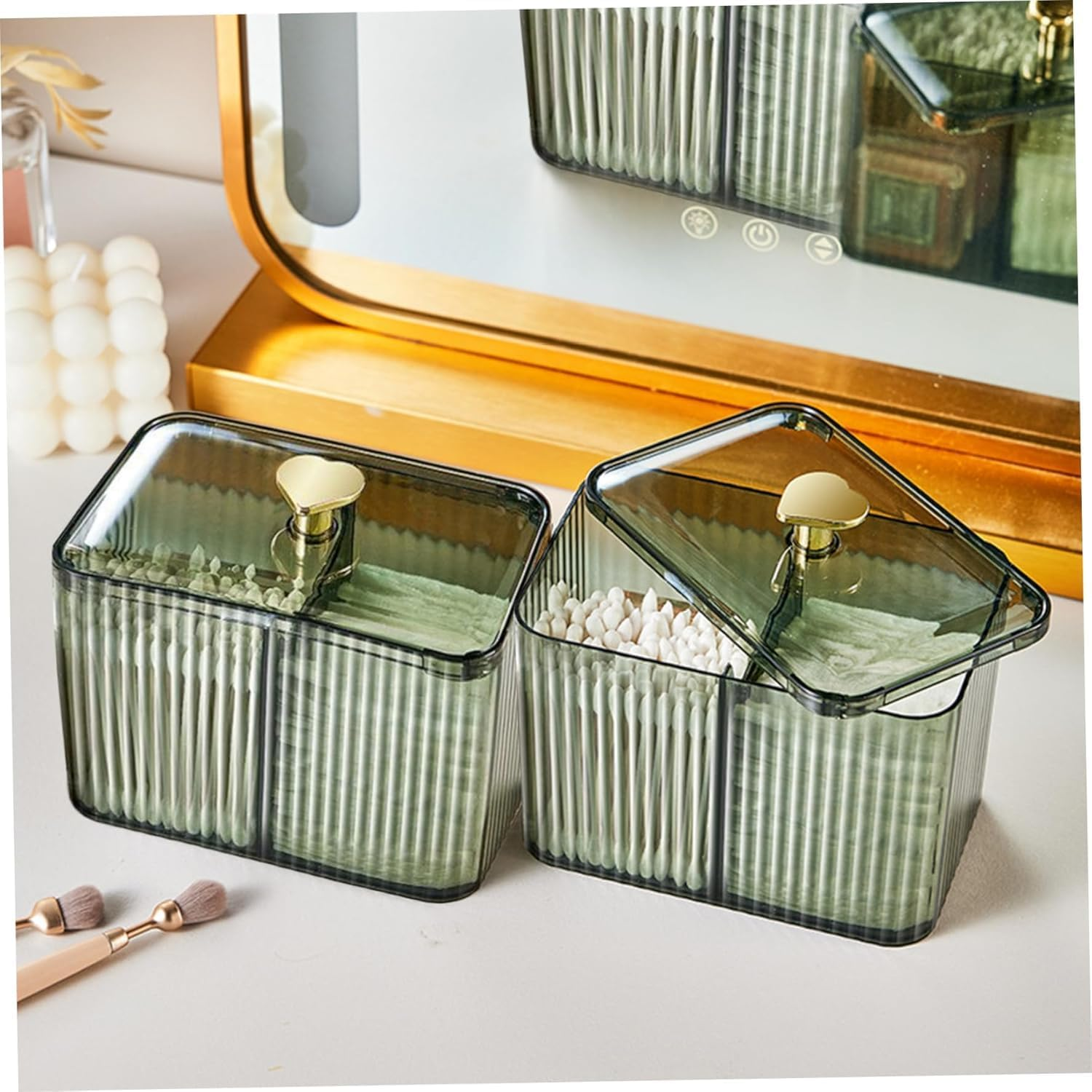 3 Grids Apothecary Jar Organizer, 1Pc 3-Section Cotton Ball Swabs Dispenser,3-Section Clear Bathroom Organizer Jar 3 Grids Cotton Swab Pad Ball Holder Container, Green image number 6