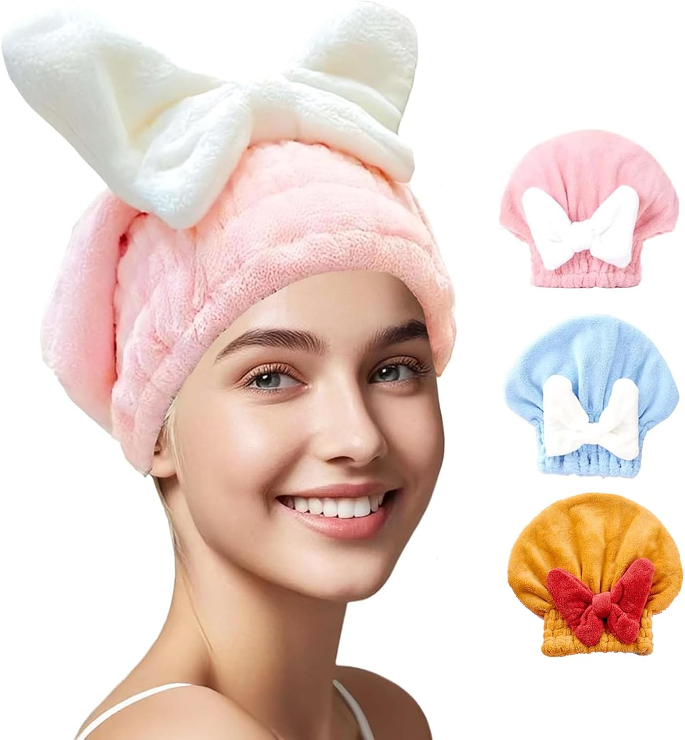 Meichoon Hair Towel 3-Pack Quick-Dry Microfiber Hair Drying Towels with Bow Design Cap Shape Elastic Band for Soft Frizz-Free Hair DK60 A