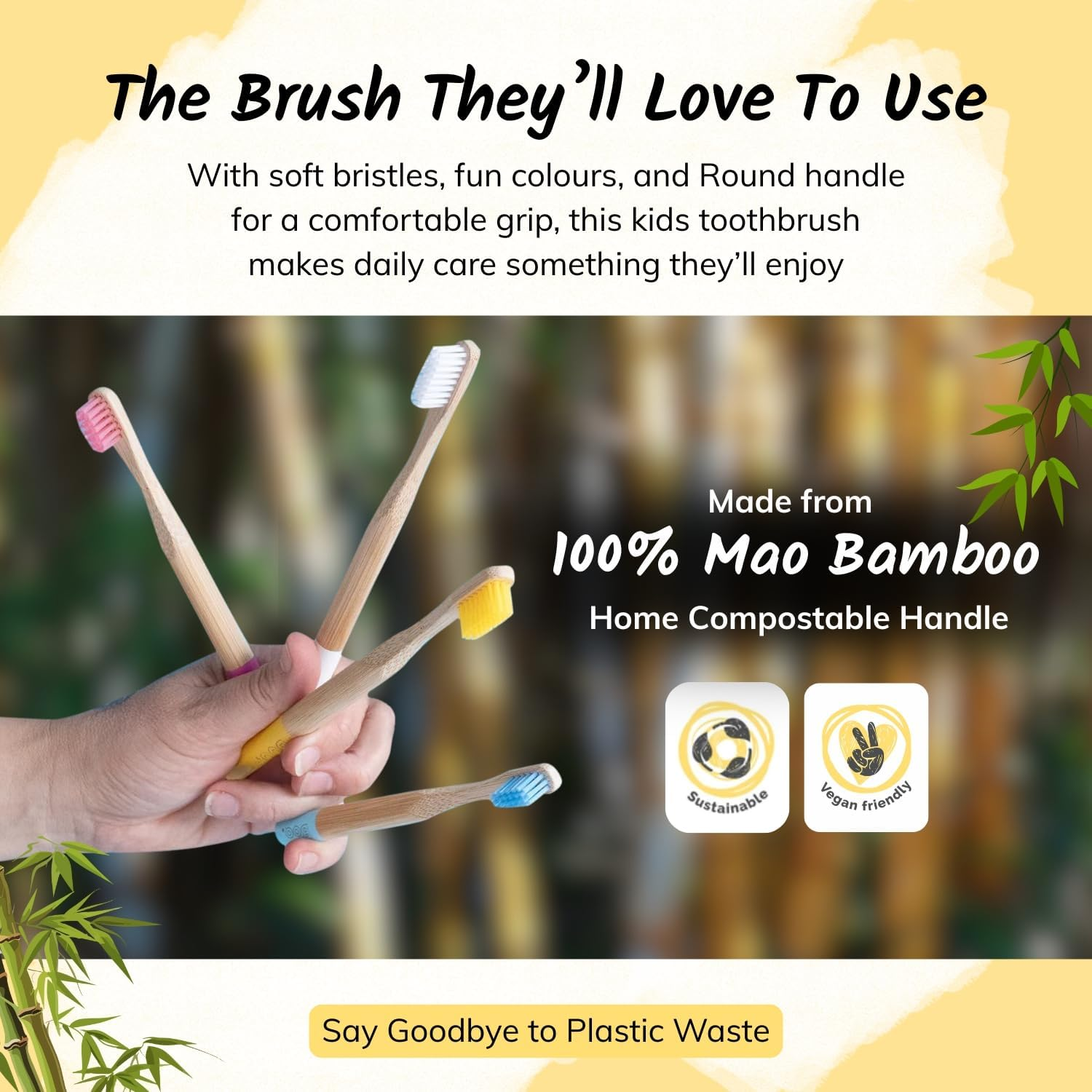 The Boo Collective Bamboo Children Toothbrush Set, Soft Toothbrush for Kids and Toddlers, Black Children Toothbrushes with Soft Bristles, Vegan, Sustainable, Australian-Owned Brand, Pack of 4 image number 2