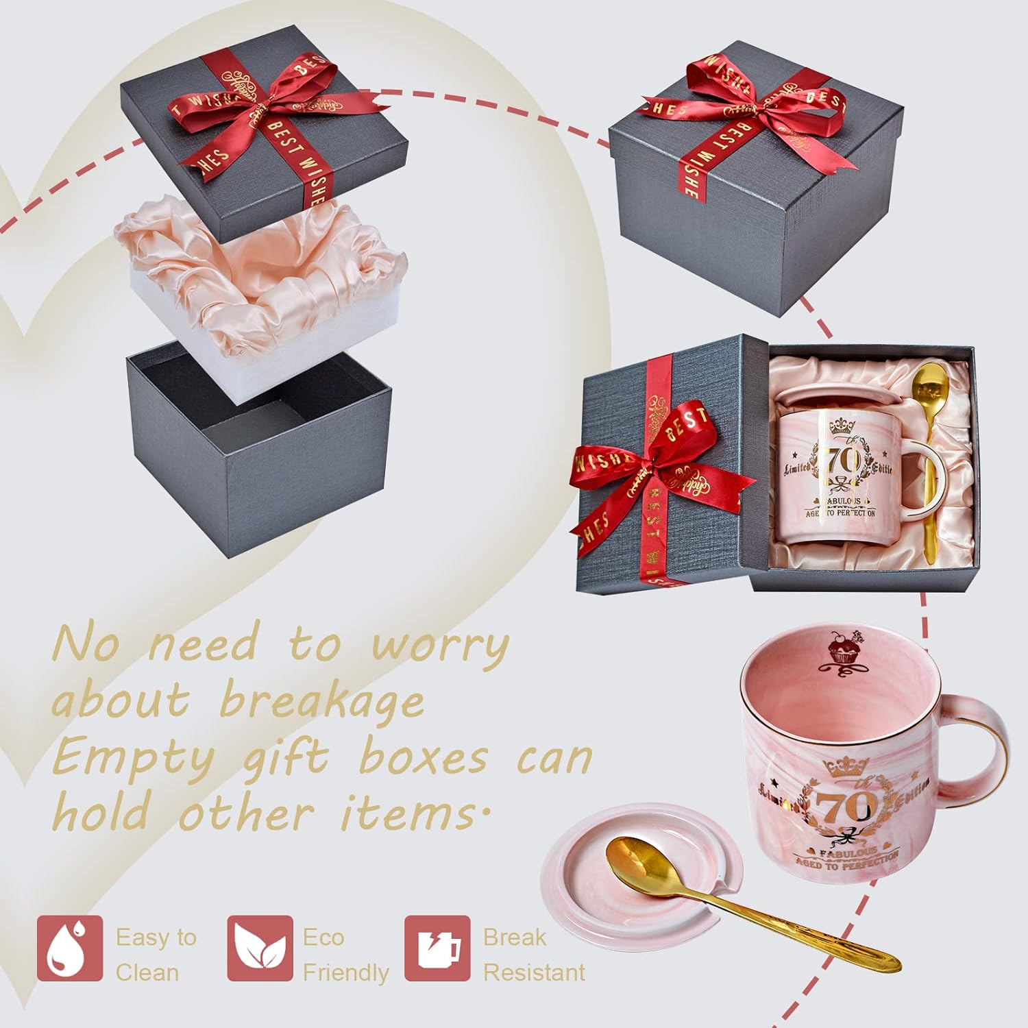 70Th Birthday Gifts for Women - 14Oz Pink Aged to Perfection Seventy Birthday Mug Printed with Gold - Happy Birthday Keepsakes Presents for 70 Years Old Grandma Mum Nanny, with Gift Box Lid Card Spoon image number 3