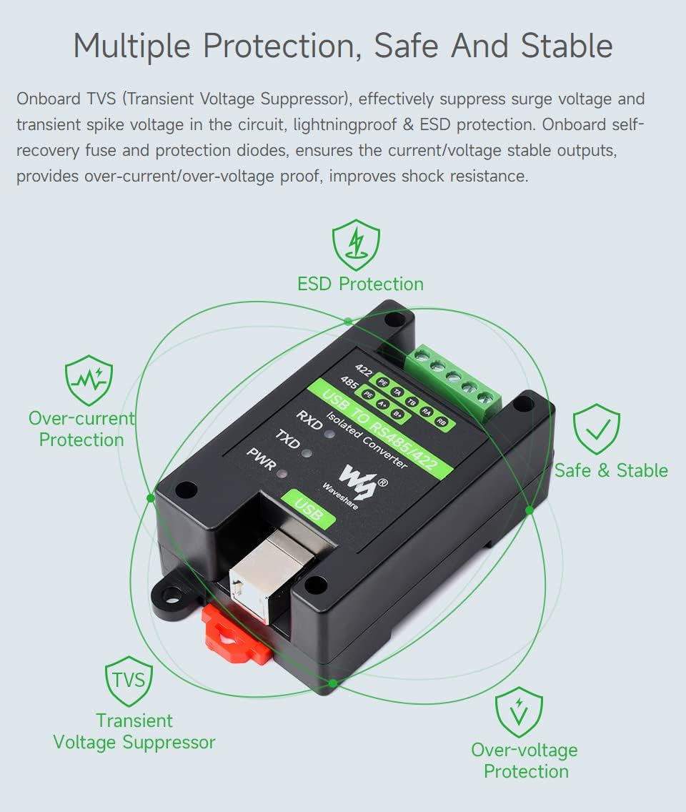 Waveshare USB to RS485/422 Industrial Grade Isolated Converter, Onboard Original FT232RL and SP485EEN, Multiple Protection, Wall-Mount and Rail-Mount Support, Fast Communication image number 3