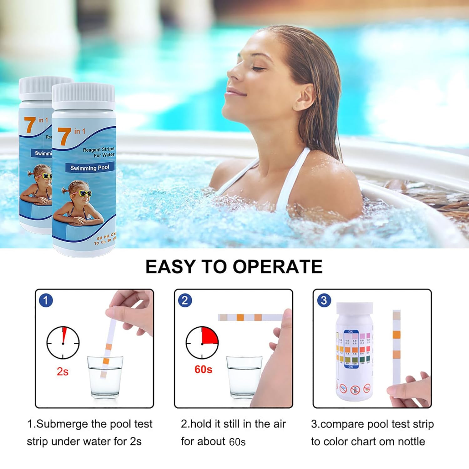Pool and Spa Test Strips, 7 in 1 Quick Super Accurate Swimming 100 Strips Pool Test Kit - Hot Tub Test Strips & Pool Water Testing Strips for Ph Chlorine Bromine Hardness Alkalinity Cyanuric Acid image number 3