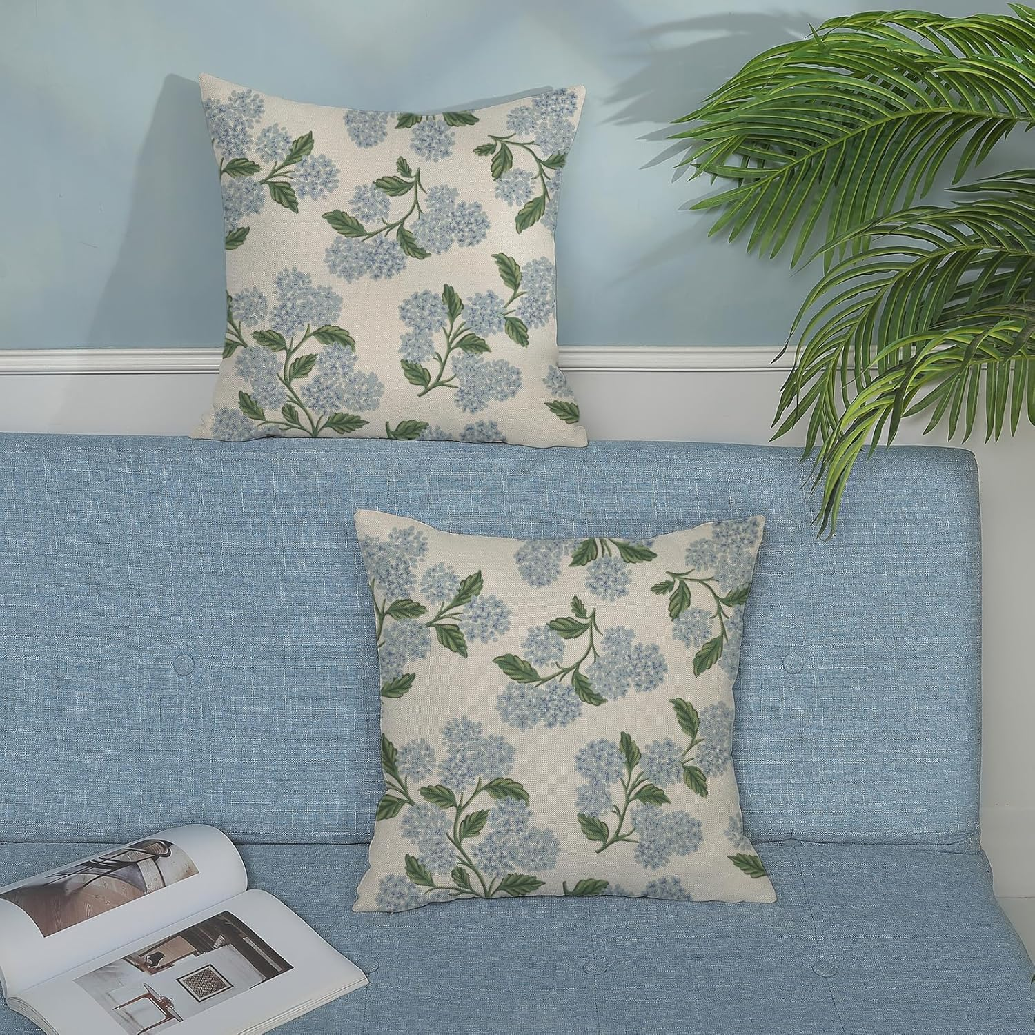 Spring Pillow Covers 18X18 Inch 2 Pcs Blue Green Hydrangea Flower Decor Throw Pillows Vintage Floral Seasonal Summer Outdoor Decoration Pillowcase Linen Cushion Cover for Couch Sofa image number 3