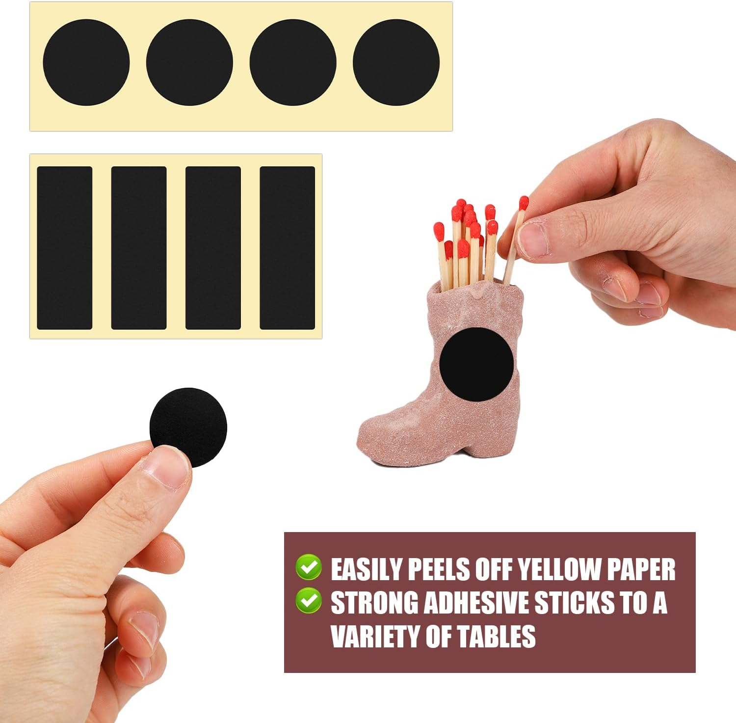 120Pcs Match Striker Papers with Adhesive, 60 round and 60 Rectangle Match Striker Stickers Match Striker Paper Sheets for Match Rack Cymbal Paper Replacement (Black) - Brown image number 5