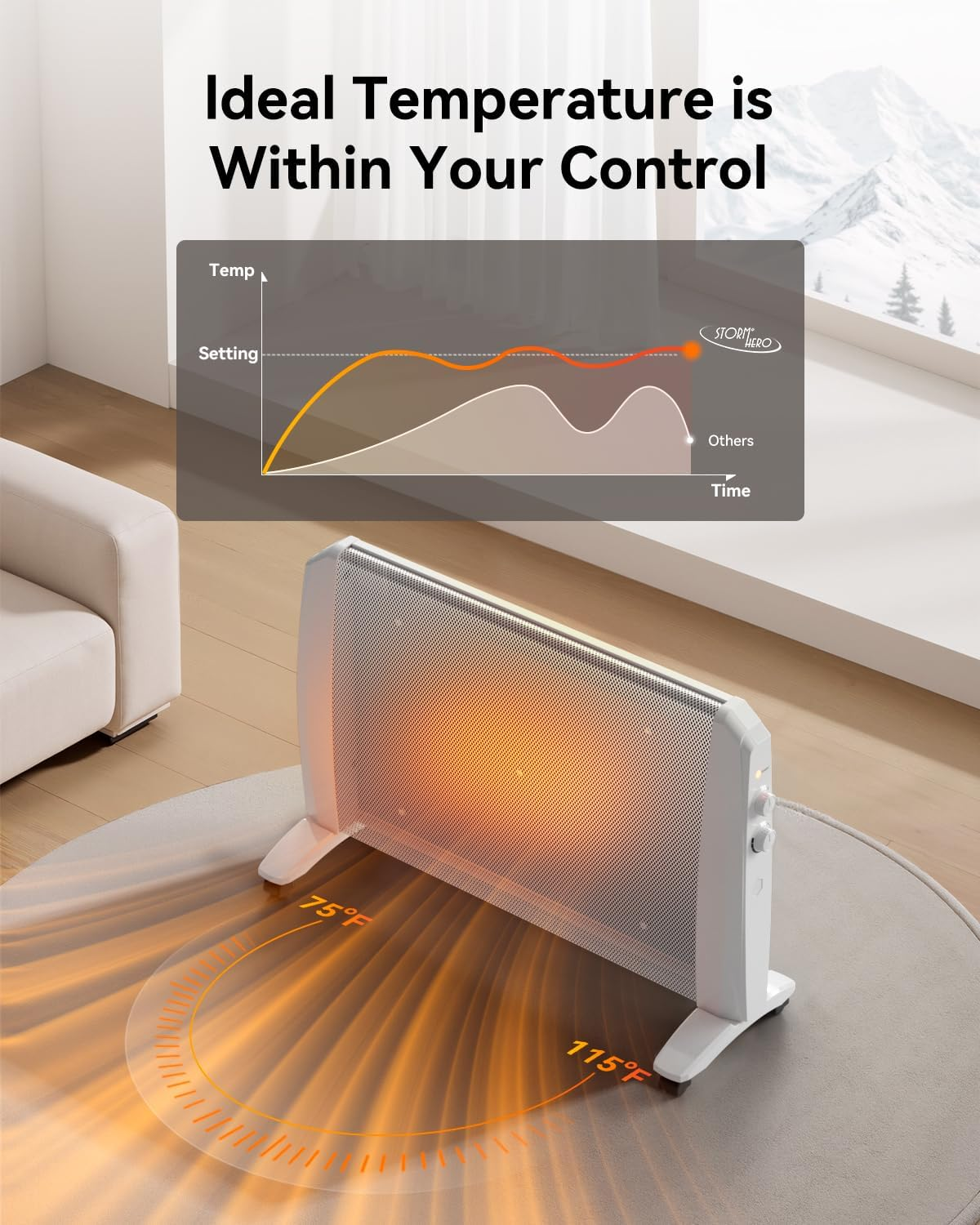 2000W Portable Heater for Bedroom- Quiet Electric Heater for Medium Large Space, Convection Panel Heaters for Indoor Use, 11 Adjustable Thermostat Setting Home Heater, 3 Power Setting image number 4