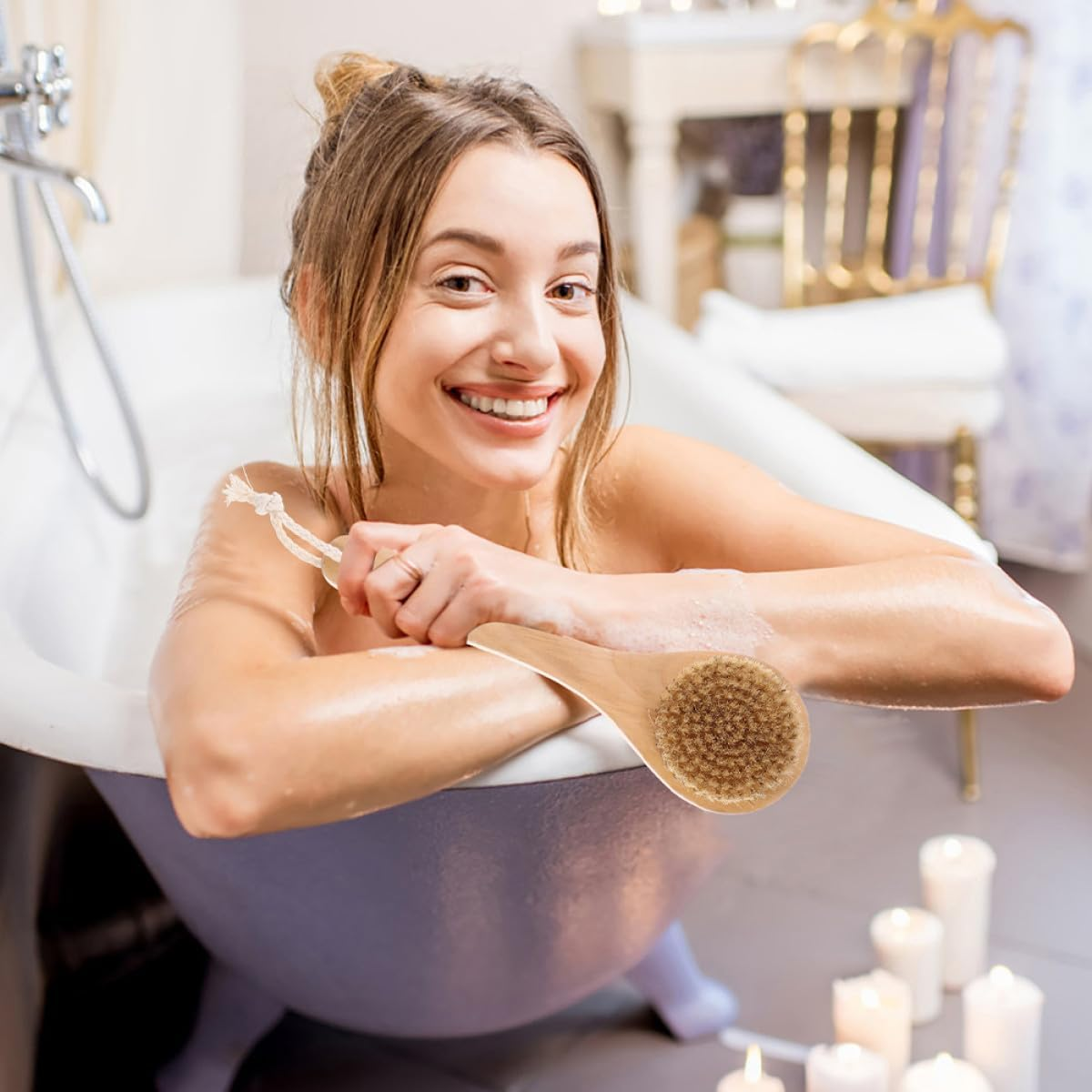 OKUMEYR Soft Bristle Boar Bristle Bath Brush with Wooden Handle Exfoliating Massage Shower Brush for Body Cleansing and Skin Care Medium Size Suitable for Home and Travel Use image number 2