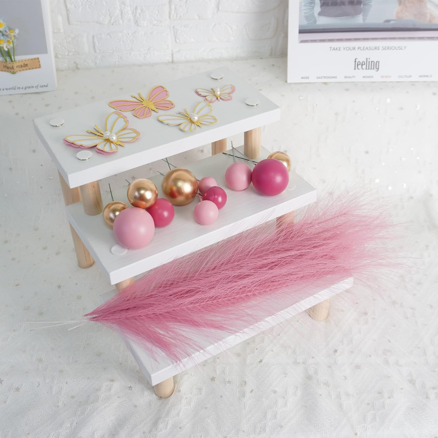 Hot Pink Girl Cake Topper Balls Cake Decorations with Shiny Stars for Wedding Baby Shower Birthday Supplies (Butterfly) image number 4