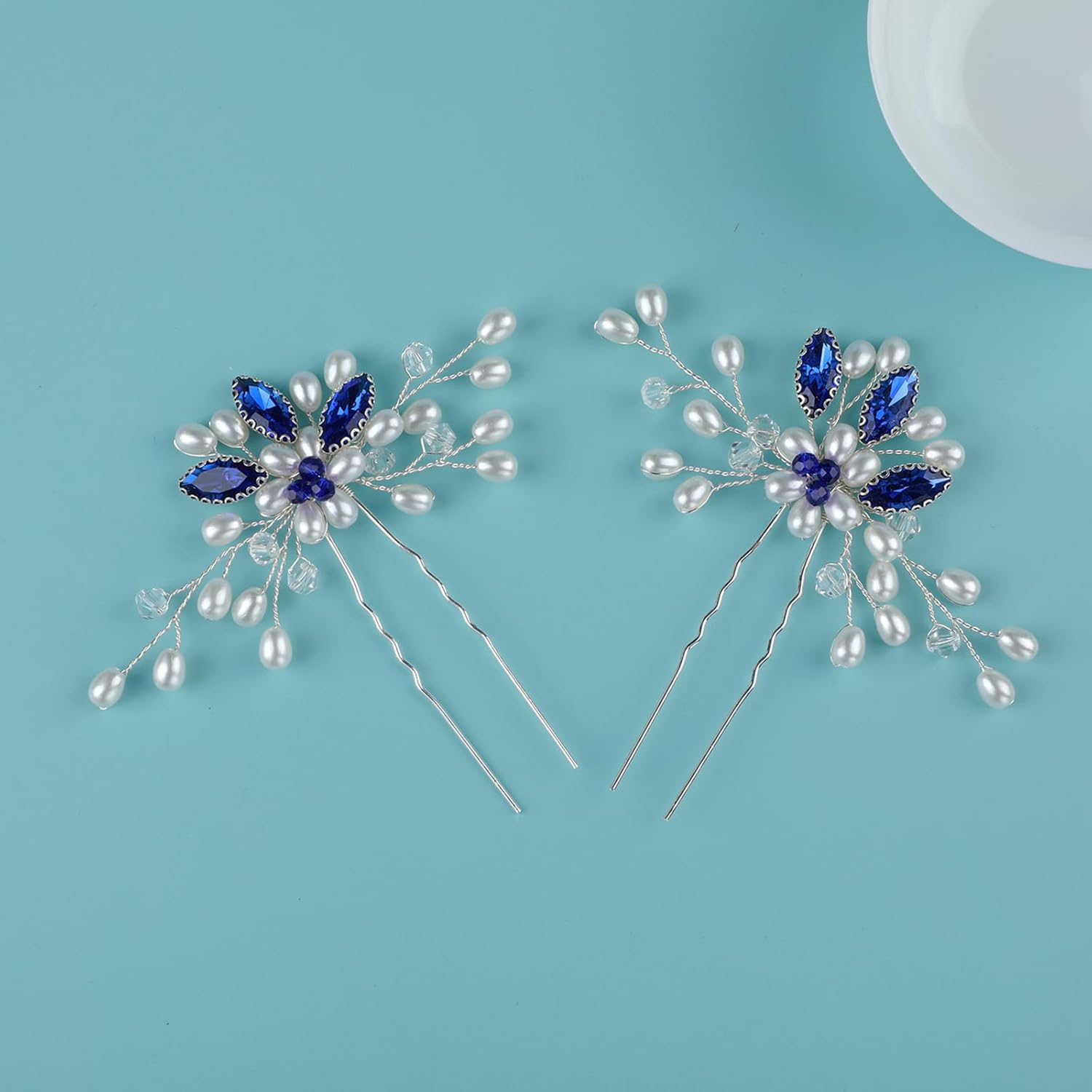 Xinlon Pack of 2 Hair Accessories Girls, U-Shaped Bridal Hair Pins, Hair Accessories Wedding Blue, Crystal Beads, Bridal Hair Comb for Bridesmaids, Brides, Wedding, Ball, Party, Stage Shows image number 5