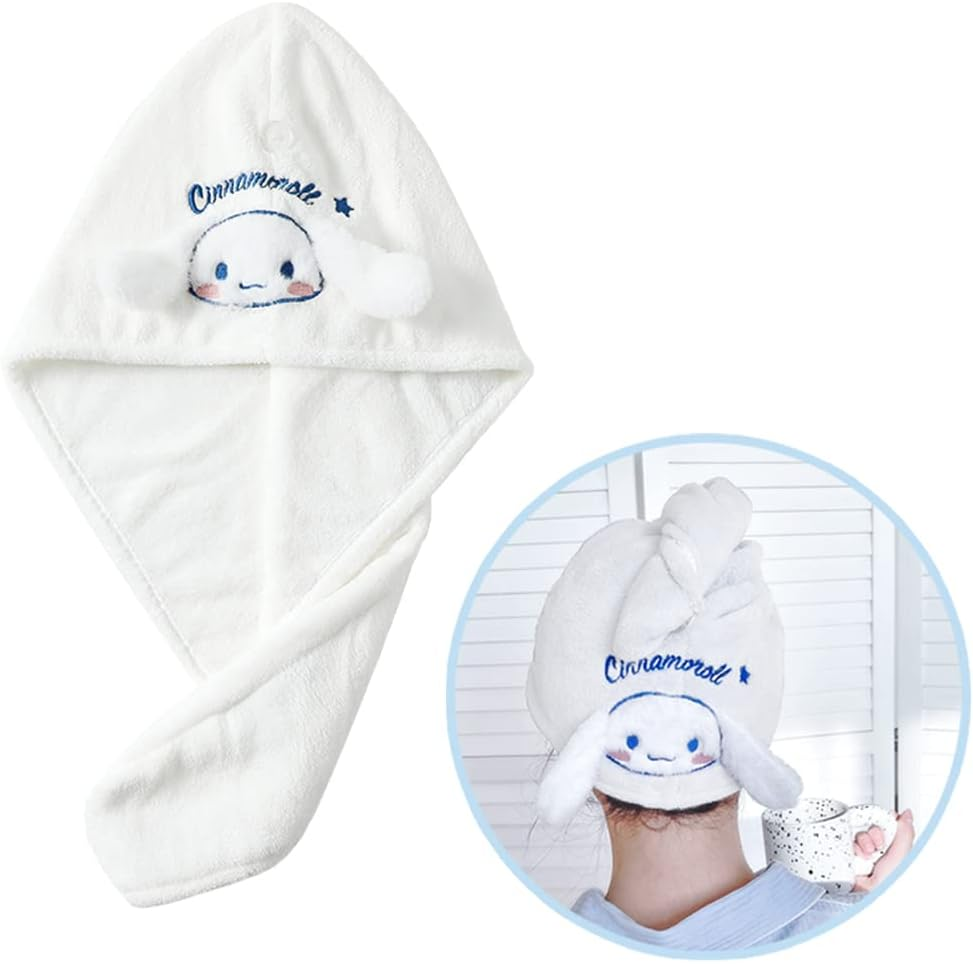 Kawaii Microfiber Hair Towel for Women, Super Absorbent Hair Shower Cap for Long Hair, Quick Dry Towel Wrap with Botton of Cute Hairbands for Women Girls Bath Accessories(White)