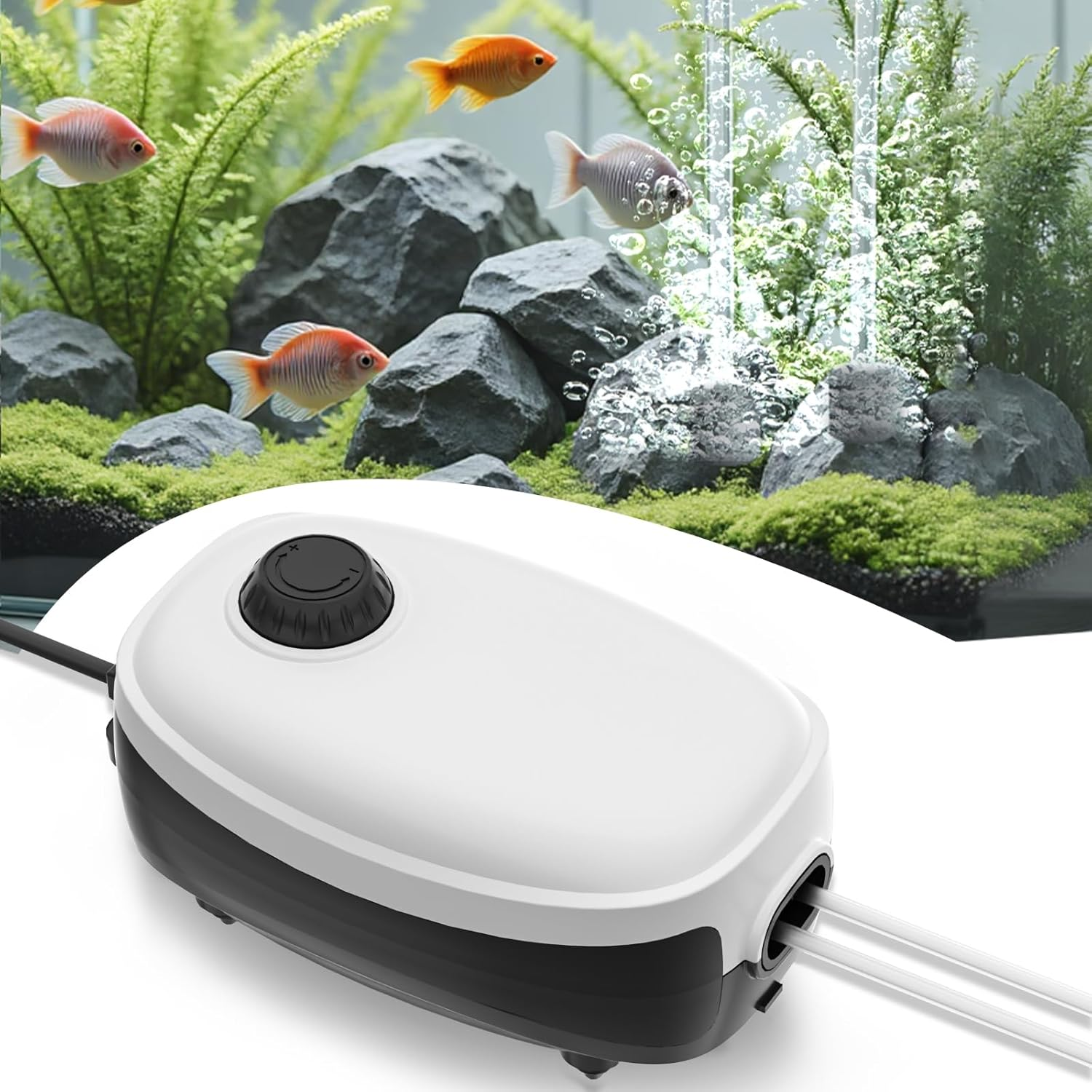 Mosiller Fish Tank Air Pump Dual Outlet - 4W Aquarium Electric Air Pump, Ultra Quiet 5L/Min Oxygen Pump, Adjustable Fish Tank Aerator with with Air Stone Bubbler Accessories for up to 500L image number 2