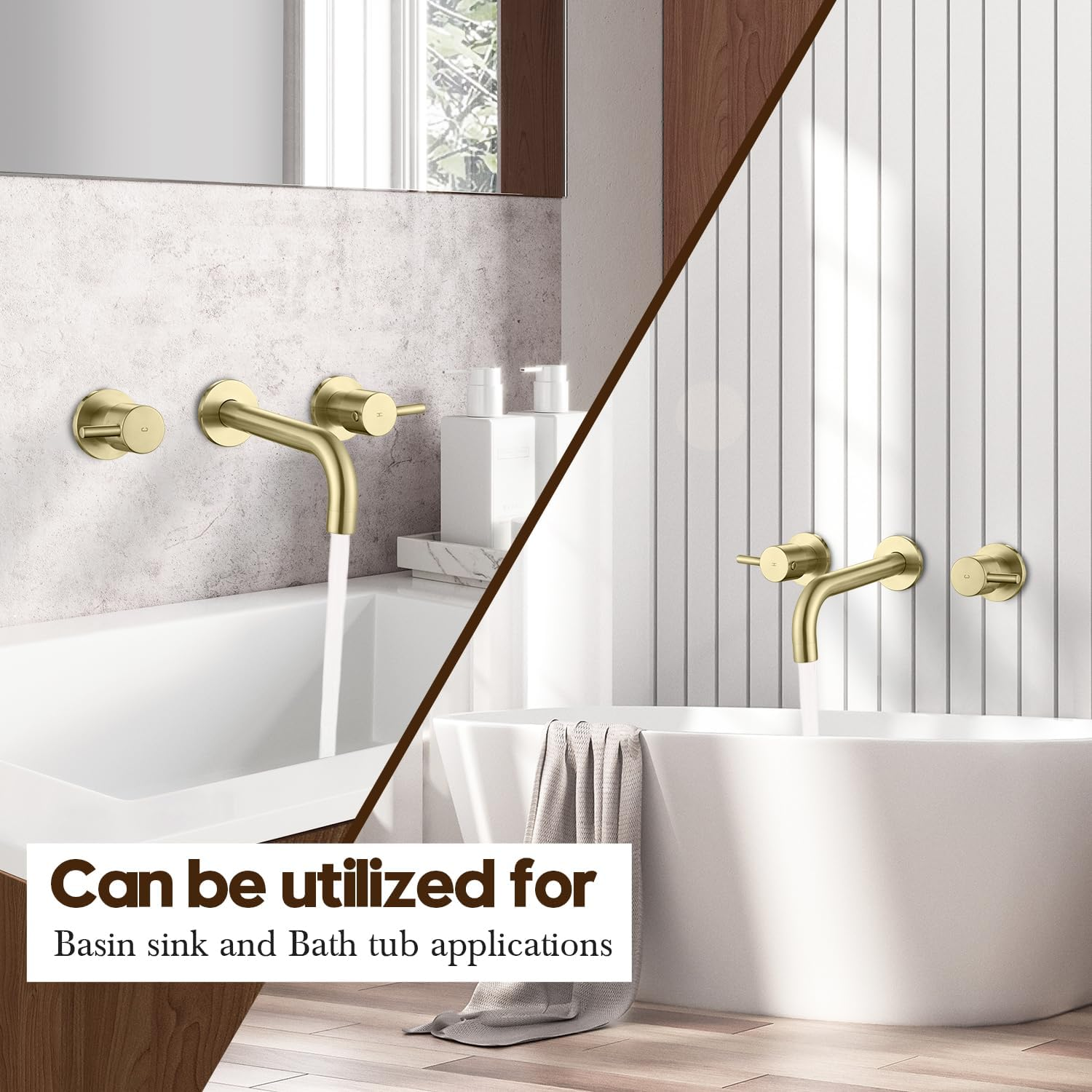 Decaura Bathroom Wall Sink Tap Set Basin Bath Spout Vanity Spa Bathtub Water Outlet with 1/4 Turn Twin Hand Lever Faucet Brass(Brushed Gold) image number 4