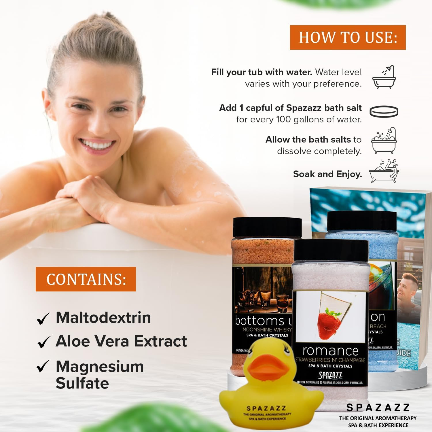 Spazazz Hot Tub Aromatherapy Set the Mood Gift Bundle &ndash; Three 17 Oz Bath Salts in Bottoms Up, Passion & Romance with Rubber Duck & Hot Tub Care Ebook image number 1