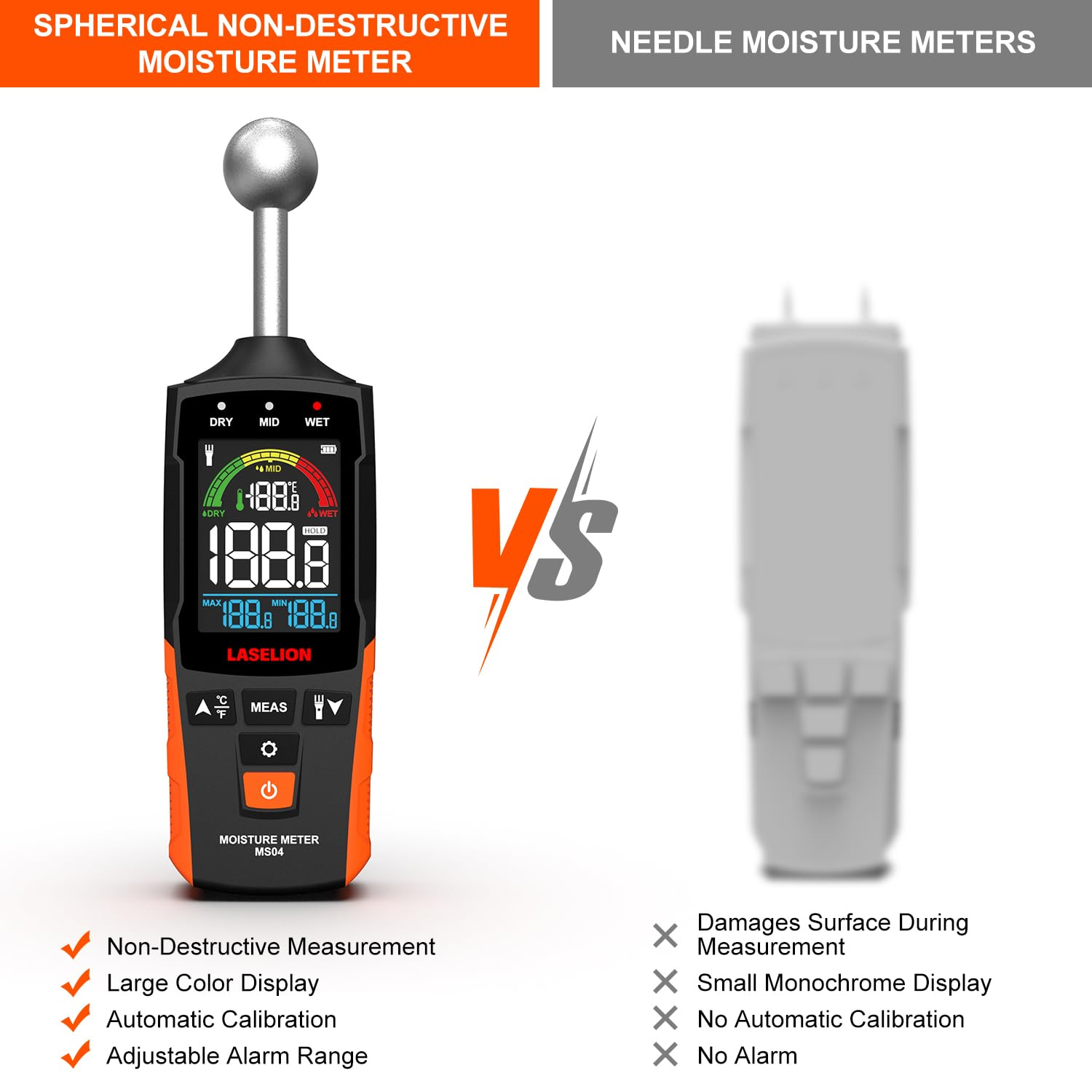 LASELION MS04 Pinless Moisture Meter with Ball Probe for Non-Destructive Area Scans Ideal for Wood Walls and Construction Materials Customizable Humidity Alarms Built-In Flashlight image number 6
