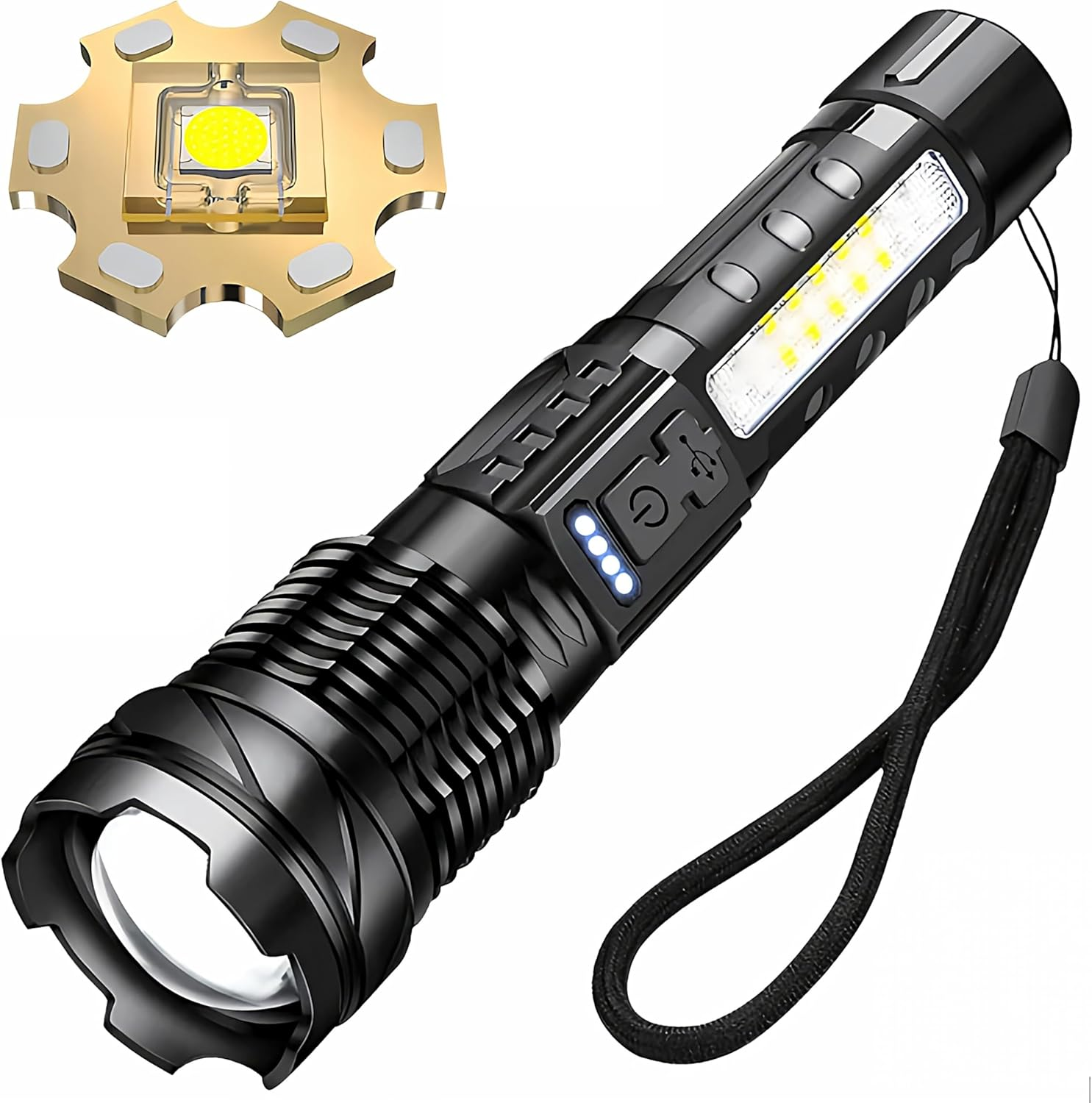 LED Torch with Zoom, Extremely Bright, Effective Beam Range 200 M+, Side White COB Light, Red/Blue Strobe, Hand Strap, Belt Clip and Integrated USB-C Rechargeable Battery