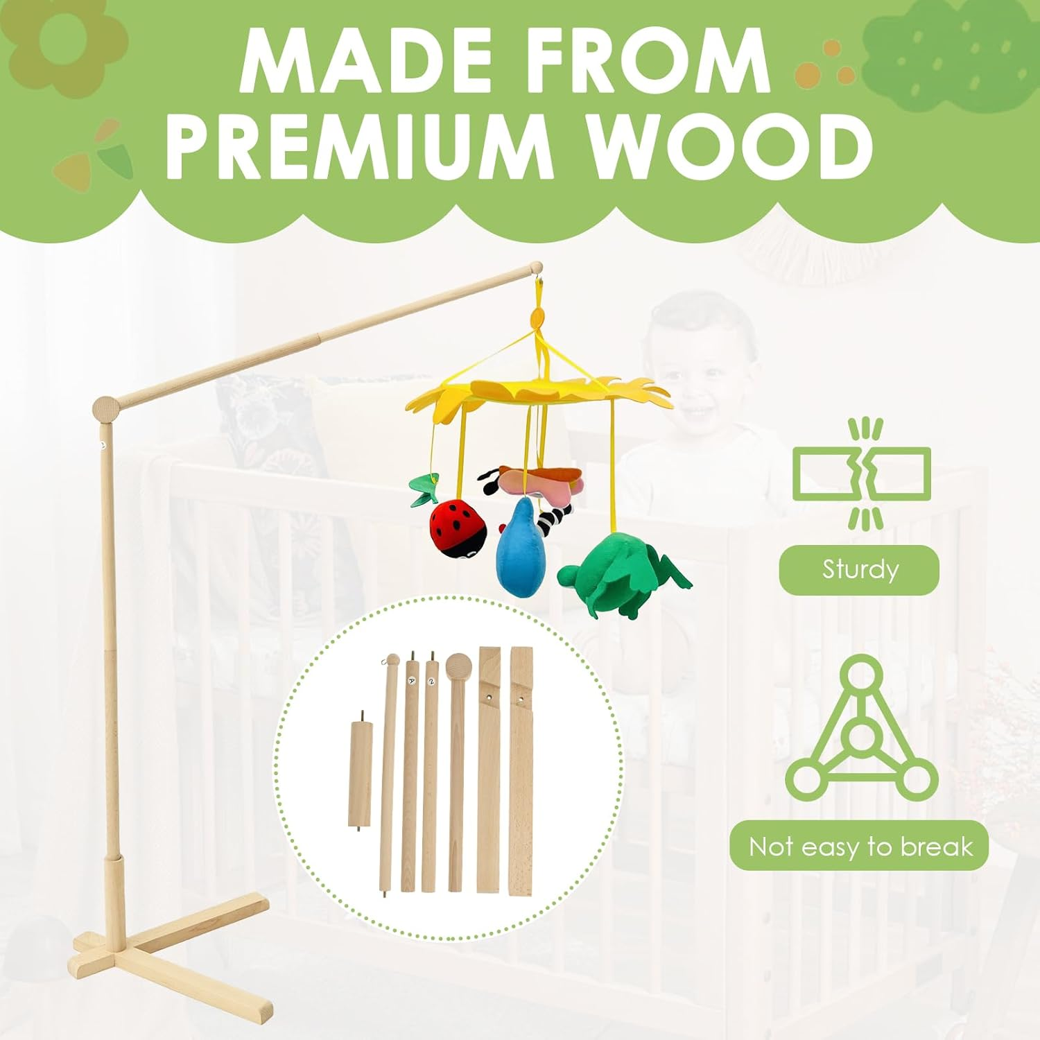 Wooden Floor Standing Baby Mobile Holder, 153.5Cm Adjustable Arm for Crib, Mobile Hanger Stand for Nursery, No Drill Needed, Safe Baby Bed Toy & Decor for Newborns