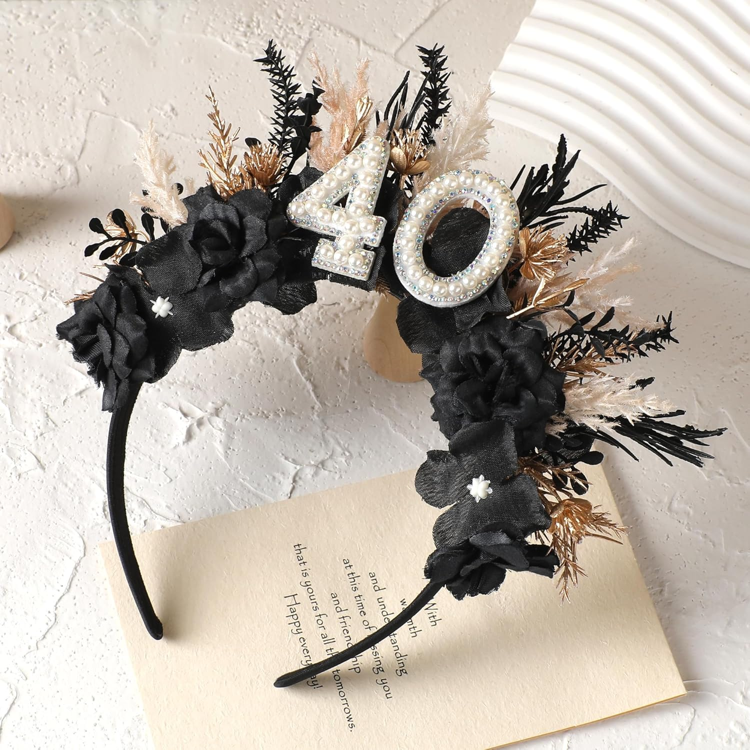 Partyforu Black Flower Birthday Headband - Birthday Crown Happy Birthday Headband for Her Birthday Gifts for Women Party image number 3
