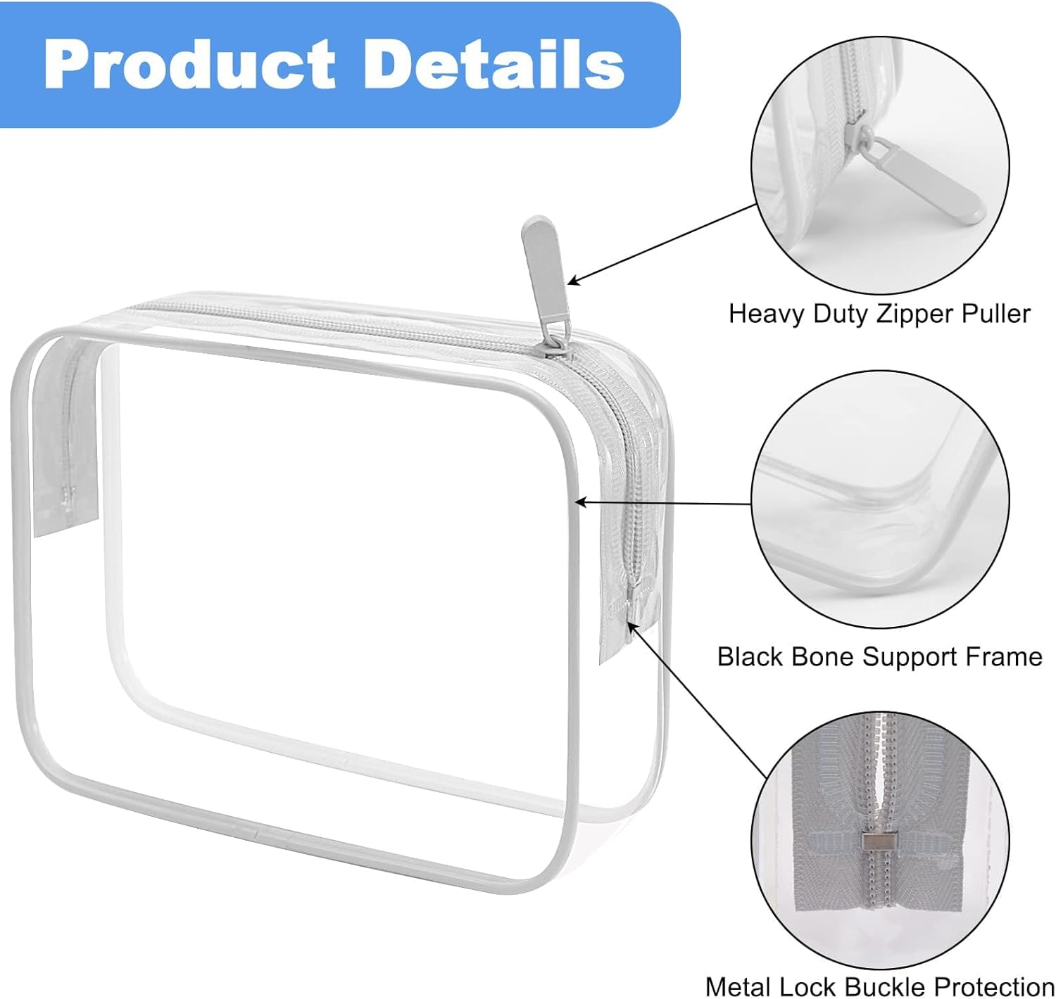 Clear Toiletry Bag, 3 Pack Large White Transparent Travel Toiletry Bags for Airport Security, Gym Organisation, Daily Cosmetic Storage image number 4