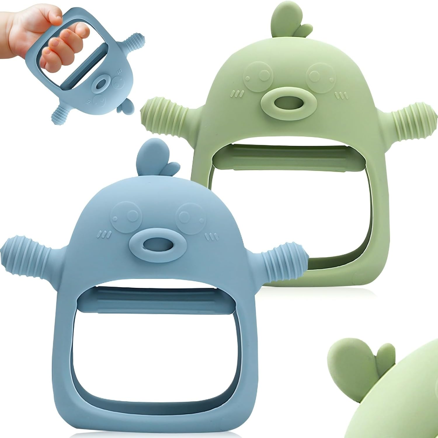 2 Pack Baby Teething Toy for 6-24 Months, Food Grade Silicone Unicorn Teething Mitten, BPA Free, Baby Chew Toys for Sucking Needs, Soothing Teething Pain Relief (Unicorn Beige & Gray Blue)