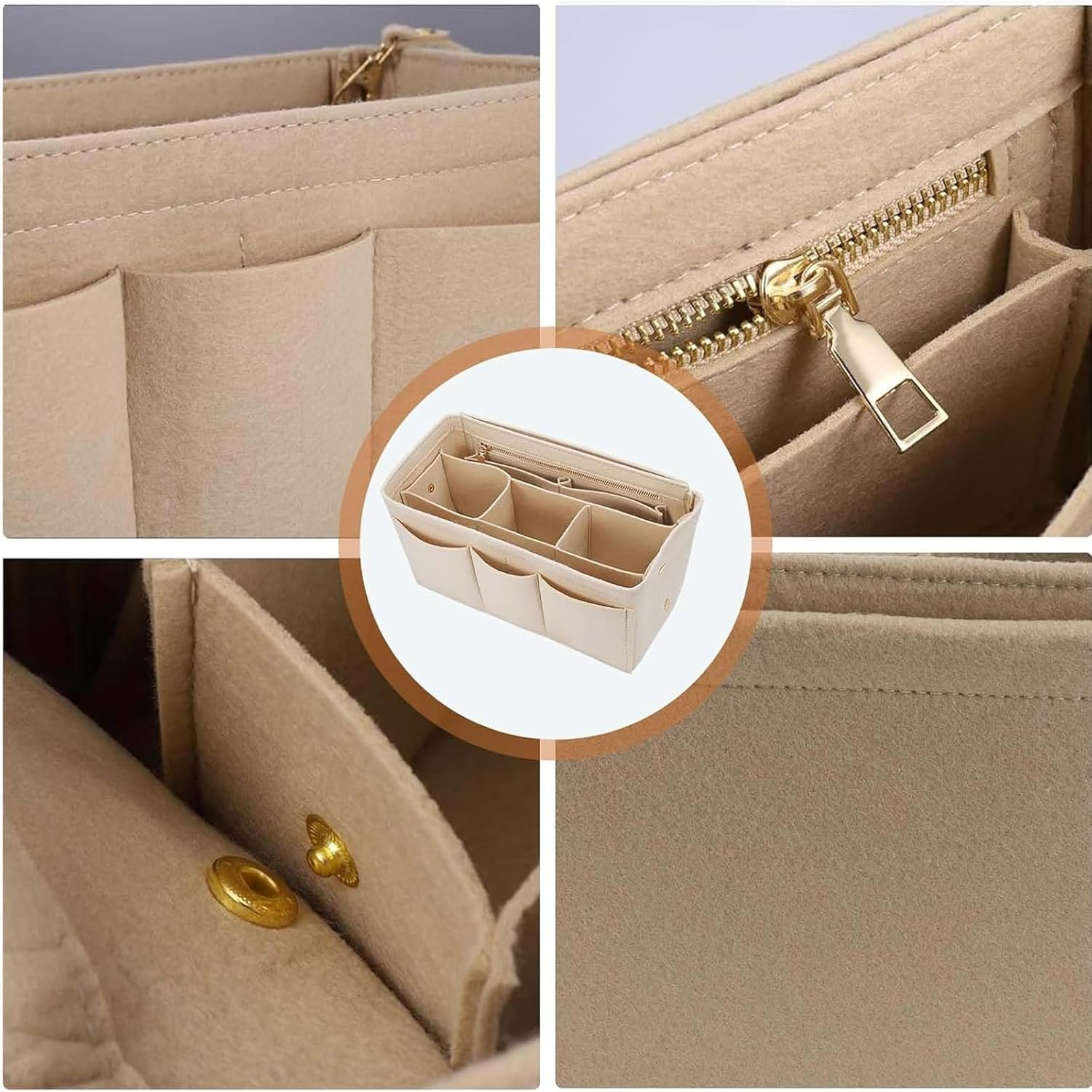Jhzxing Interior Storage Bag with Multi-Pocket Organizer, Bag in Bag for Women with Zipper Bag, Tote Bag Organizer, Felt Handbag Organizer (M) image number 3