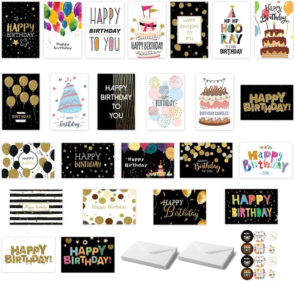 Vekol 24 Pack Unique Birthday Cards, Happy Birthday Cards Bulk with Envelopes and Stickers,4X6 Inch Assorted Blank Birthday Greeting Cards, Suitable for Men, Women, Kids, Work and Office Celebration (24PCS Multicolor 1)