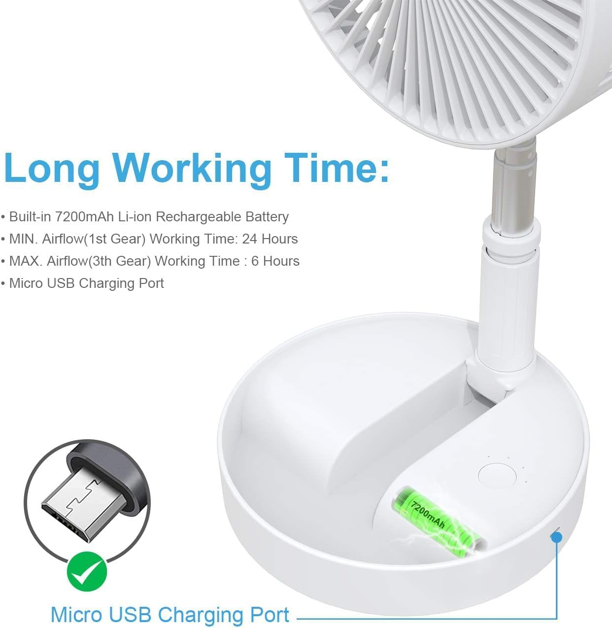 Portable Fan Rechargeable, Pedestal Fan, Foldaway Standing Fan, Desk and Floor Fan Wireless, with 7200Mah Battery Operated,Standing Fan for Home Kitchen Outdoor Camping (White) image number 3
