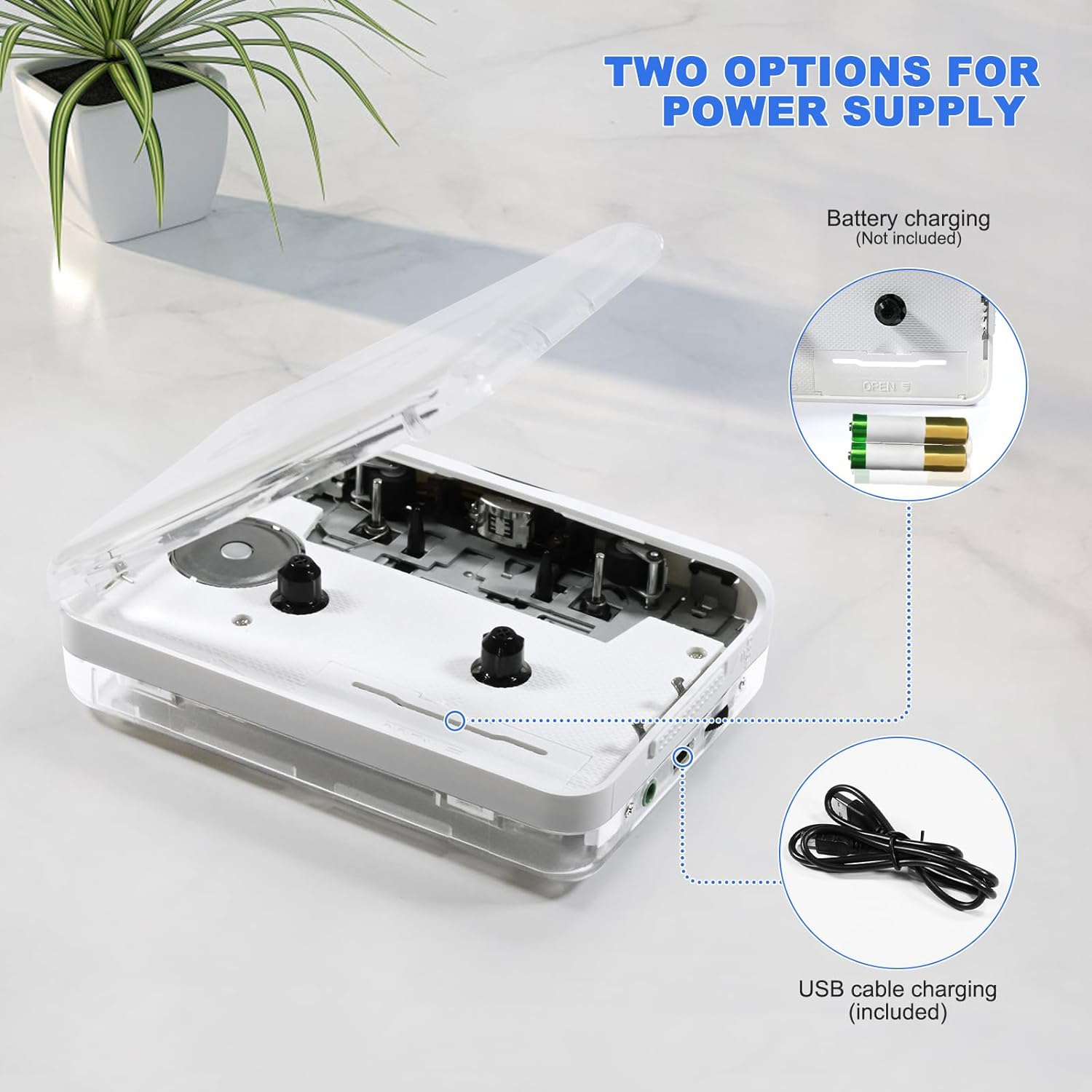Walkman Auto Reverse ＆Clear Stereo Cassette Player,Built-In Cool Copper Wheel Movement＆Earphone,Cassette Tape to MP3 Converter with Tape Converter Software,Powered by USB Power Cord or AA Battery image number 2