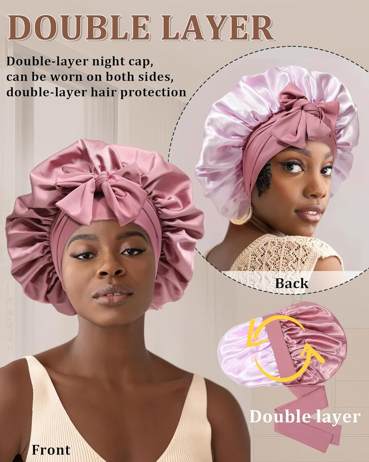 Maedery Reversible Satin Bonnet for Sleeping Women Double Layer Hair Bonnet with 2PCS Hair Scrunchies Elastic Tie Band Night Cap, Bean Paste + Pink, One Size image number 5