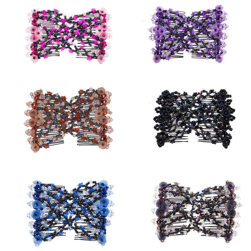 LOVEF 6 Pcs Effortless Beauty Stretchable Double Combs Upzing Medium Magic Beaded Double Hair Clips Hair Jewelry Assorted Color and Design image number 1