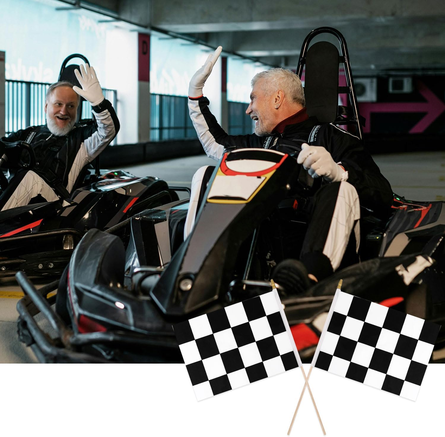 12Pcs Racing Flags, 8X5.5In Checkered Flags on Sticks with Spear Top Handheld Black and White Flags Reusable Checkered Stick Flags for Party Decorations image number 2