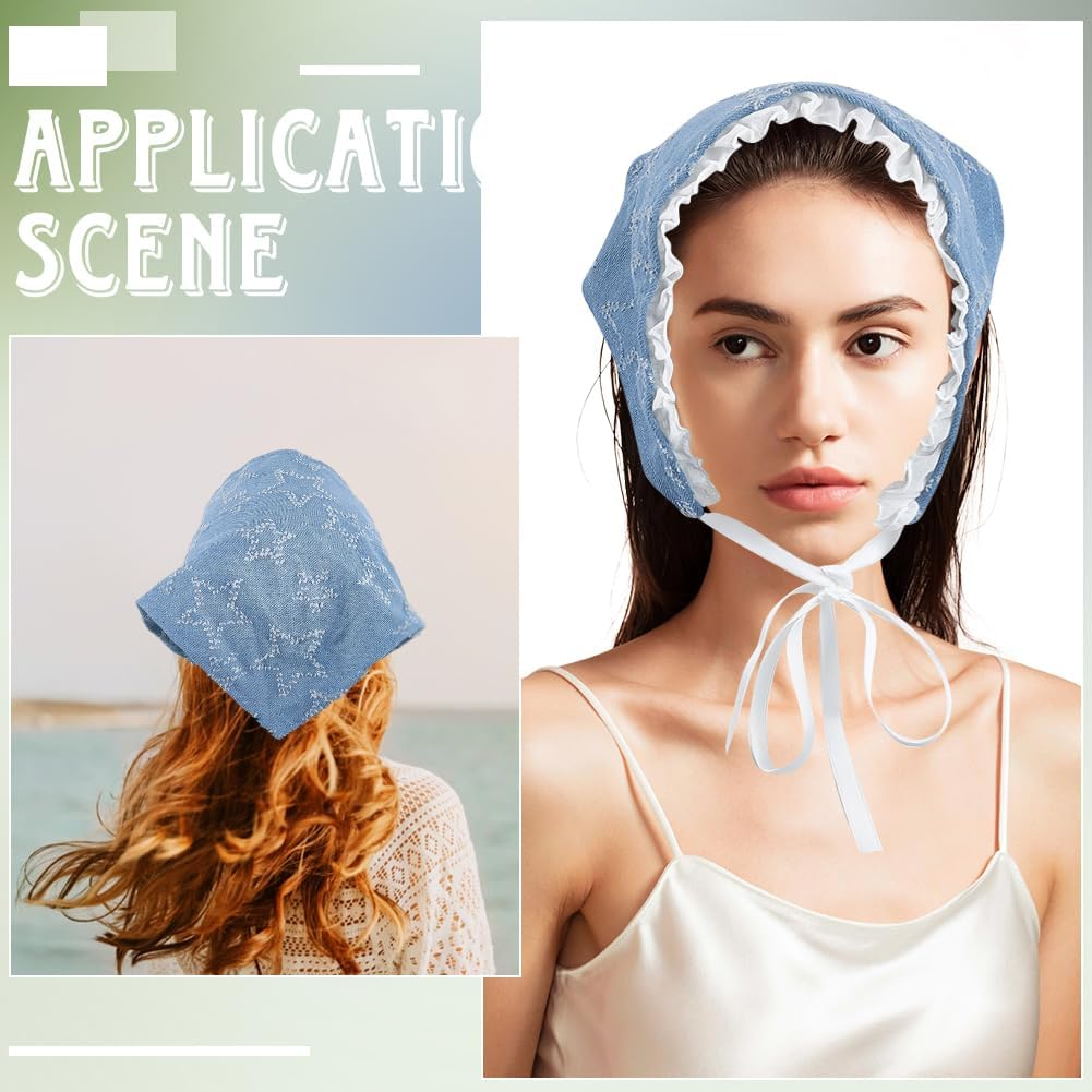 CABODYALS Blue Star Pattern Head Scarf Kerchief Small Triangle Headband Hair Covering Wrap with Ruffled Pleated Edge Lace up Design Bandana for Women Holiday Costume Accessories Decor Styling image number 5