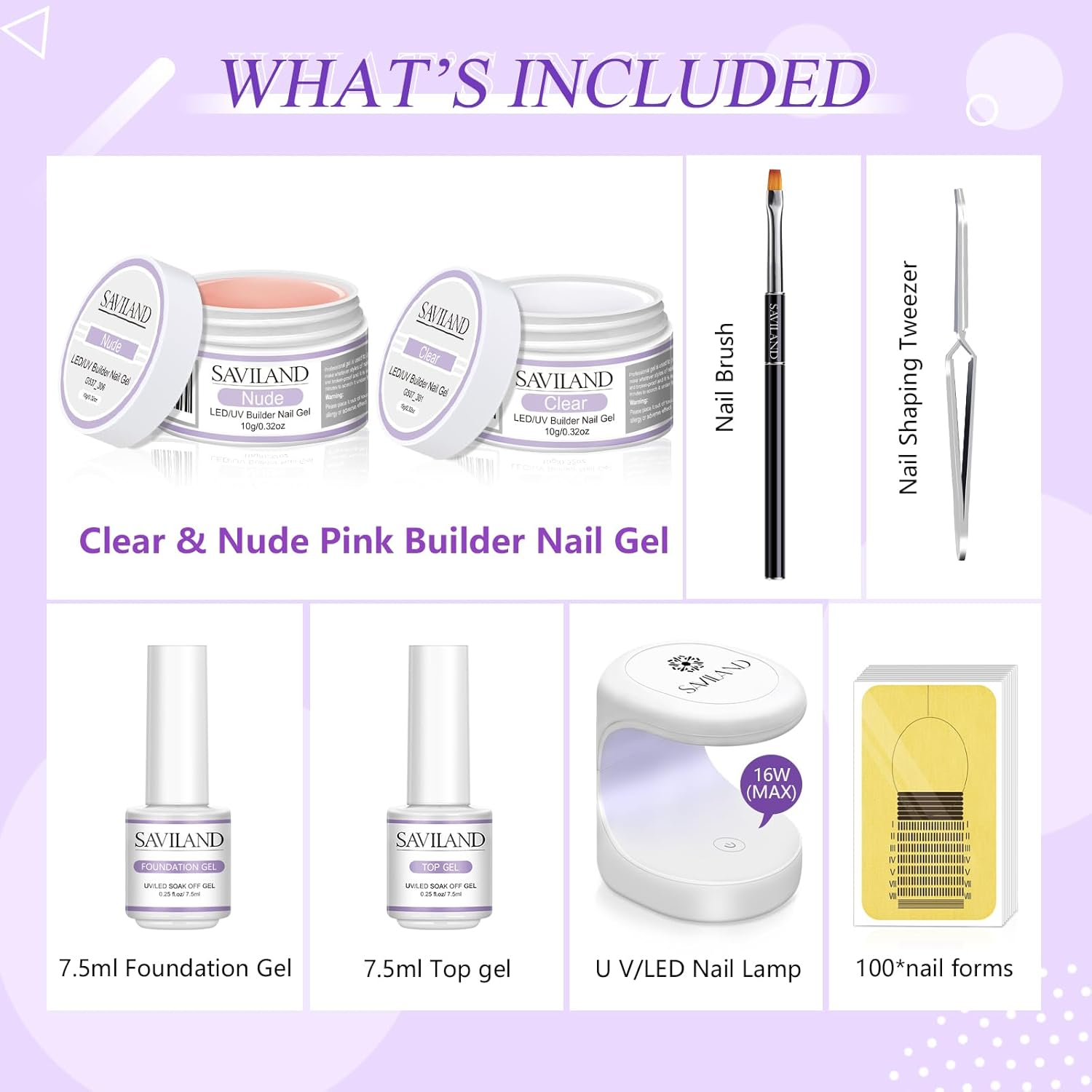 SAVILAND Builder Nail Gel Set &ndash; 2 Basic Colors Nail Extension Kit Clear Nude Nail Strengthen Gel with Nail Brush 100Pcs Nail Forms for Nail Extension at Home Nail Salon, Nail Art DIY image number 1