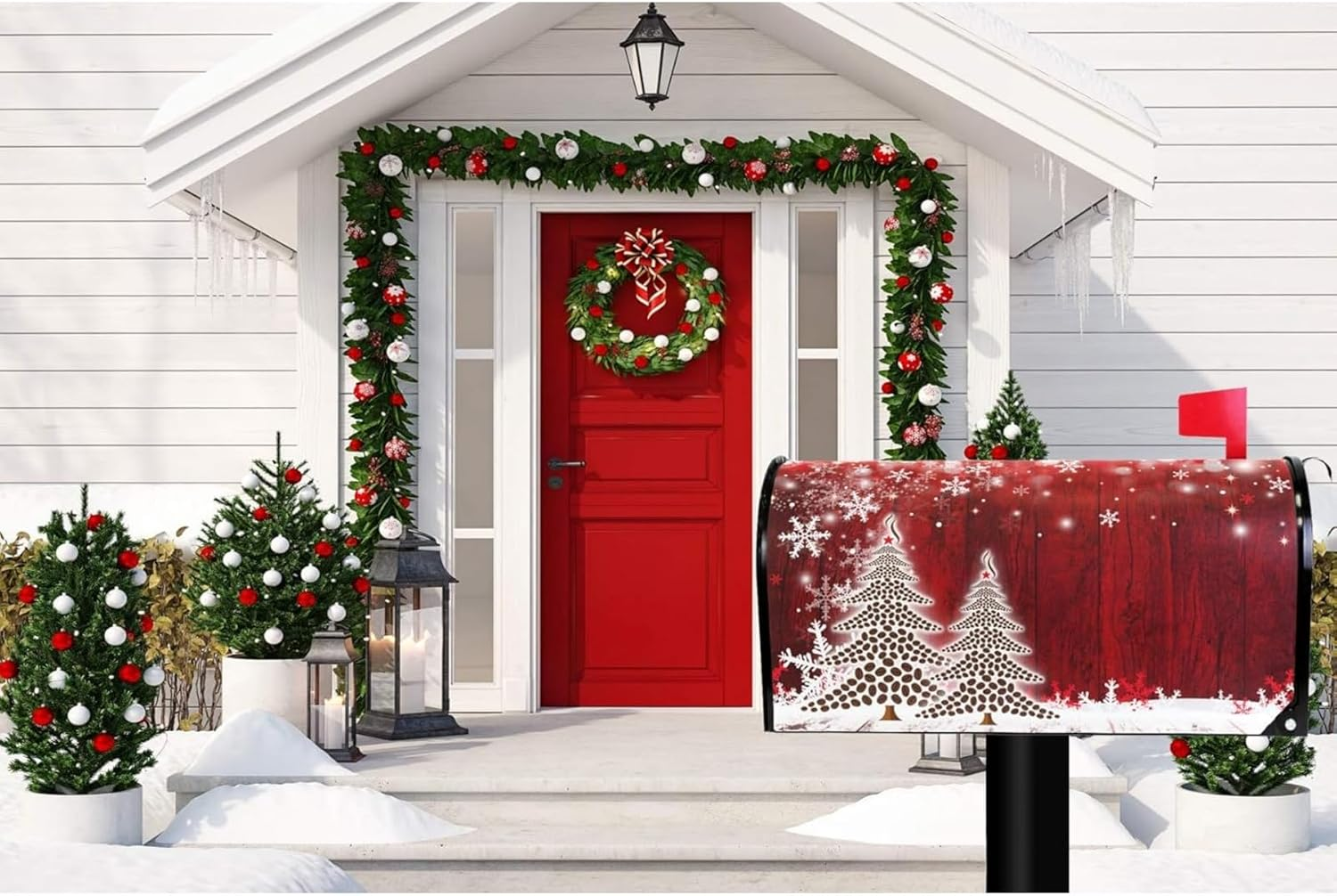 1 Pcs Merry Christmas Tree Winter Snowflake Mailbox Cover, Standard Size Magnetic Wrap with Red Christmas Tree and Pine Design, 46 X 53 Cm, Ideal for Holiday Decor and Letterbox Decorations image number 3