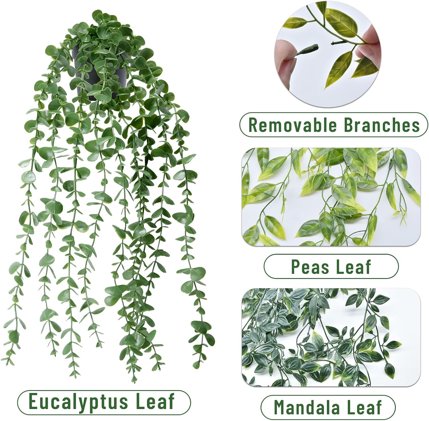 IHKFILAN Artificial Hanging Plant, 3 Packs Fake Plants, Artificial Hanging Plants Potted Greenery Decor, Eucalyptus Mandala Snow Pea Vine in Pot Plants for Office Farmhouse Home Indoor Outdoor Decor