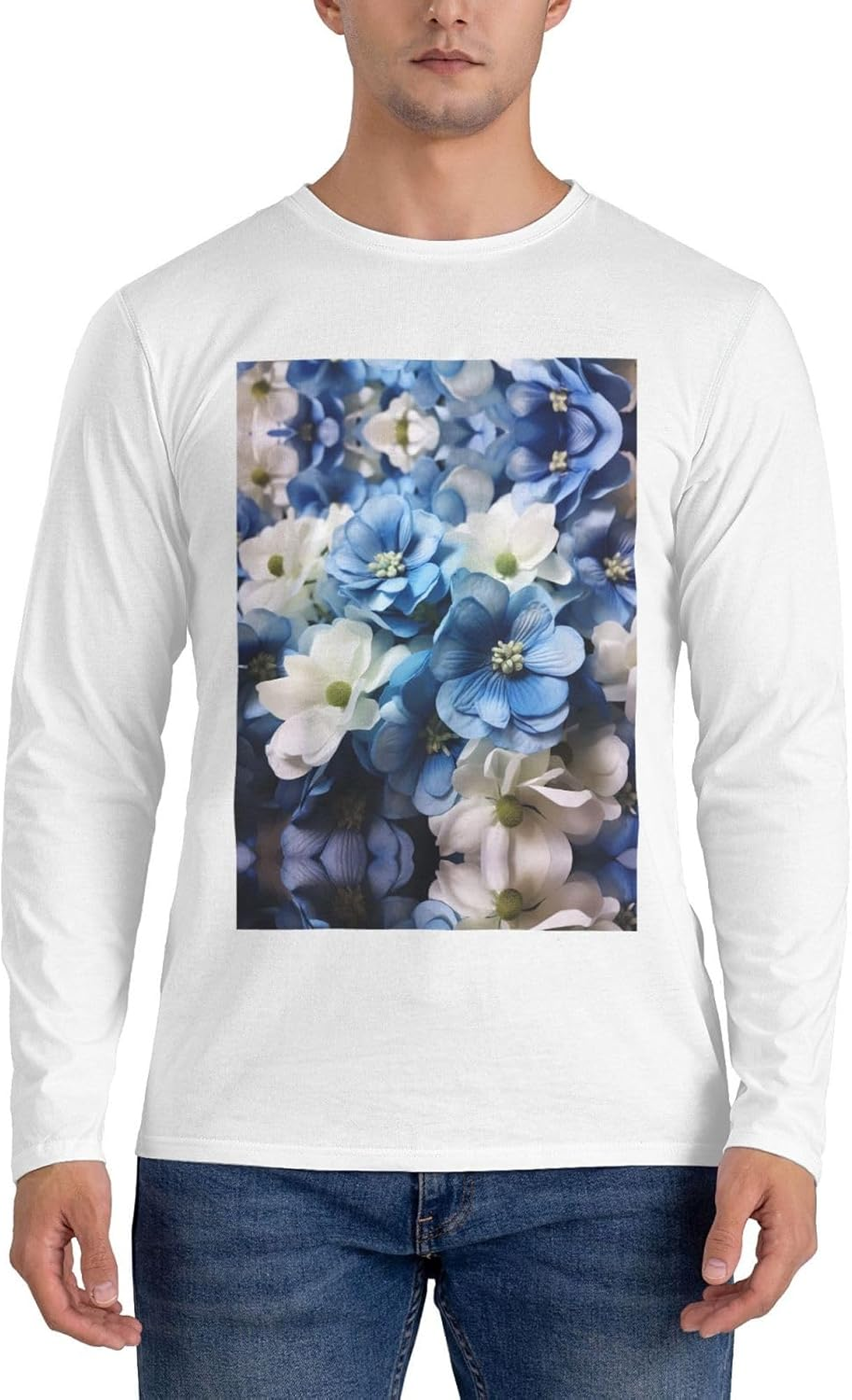 Blue White Flower Men'S round Neck Long Sleeved T-Shirt Casual Long Sleeved Men'S T-Shirt without Pockets