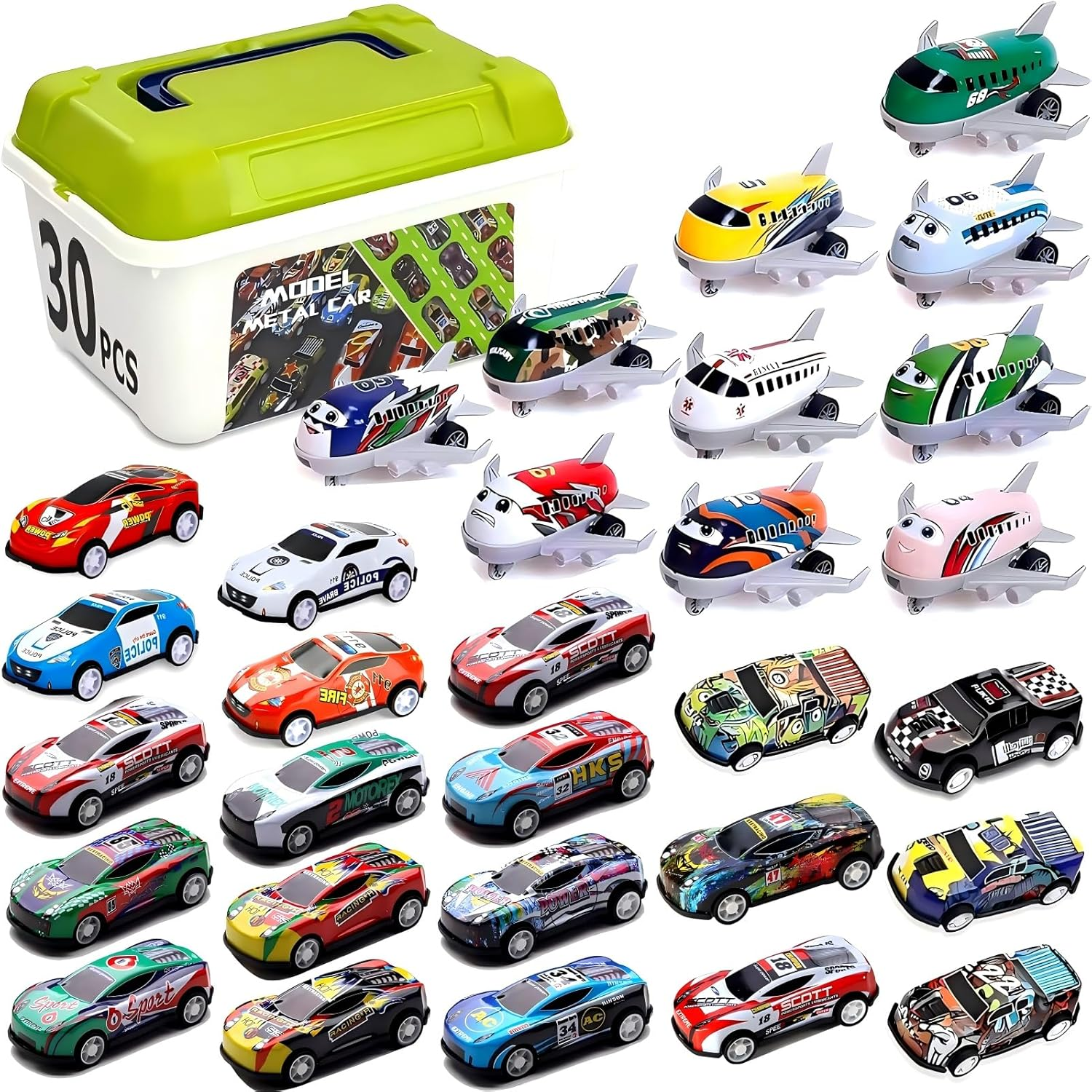 30 Pcs Pull Back Cars Airplanes Toys with Storage Box for Kids, Party Favors Treasure Box Toys for Classroom Prizes Mini Vehicles Race Cars Bulk Xmas Gifts, Stocking Stuffers for Boys Girls Toddlers
