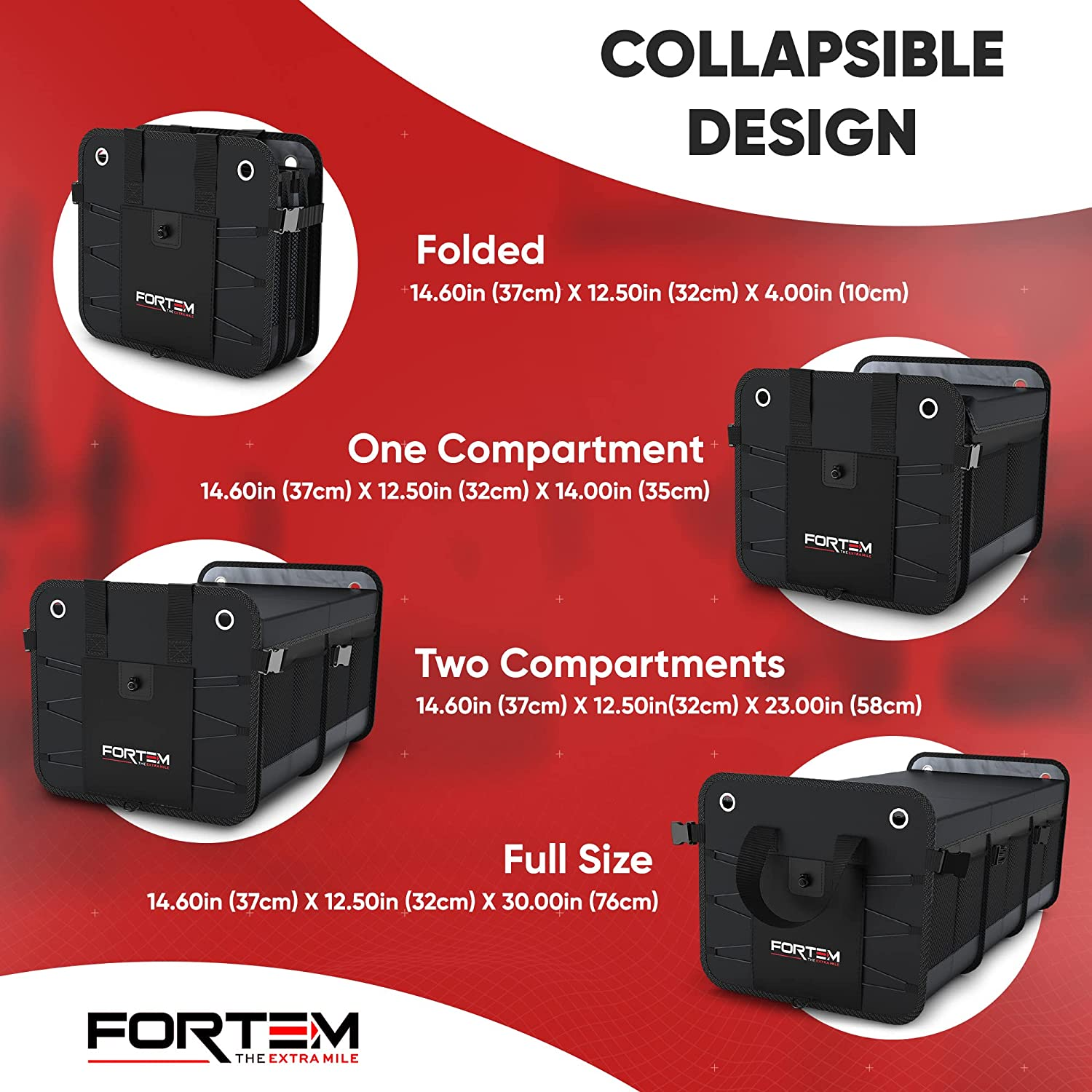 FORTEM Car Boot Organiser, Car Boot Tidy, Car Boot Storage, Collapsible Multi Compartment Car Organiser, Non Slip Bottom, Adjustable Securing Straps, Foldable Cover (3 Compartments, Black) image number 4