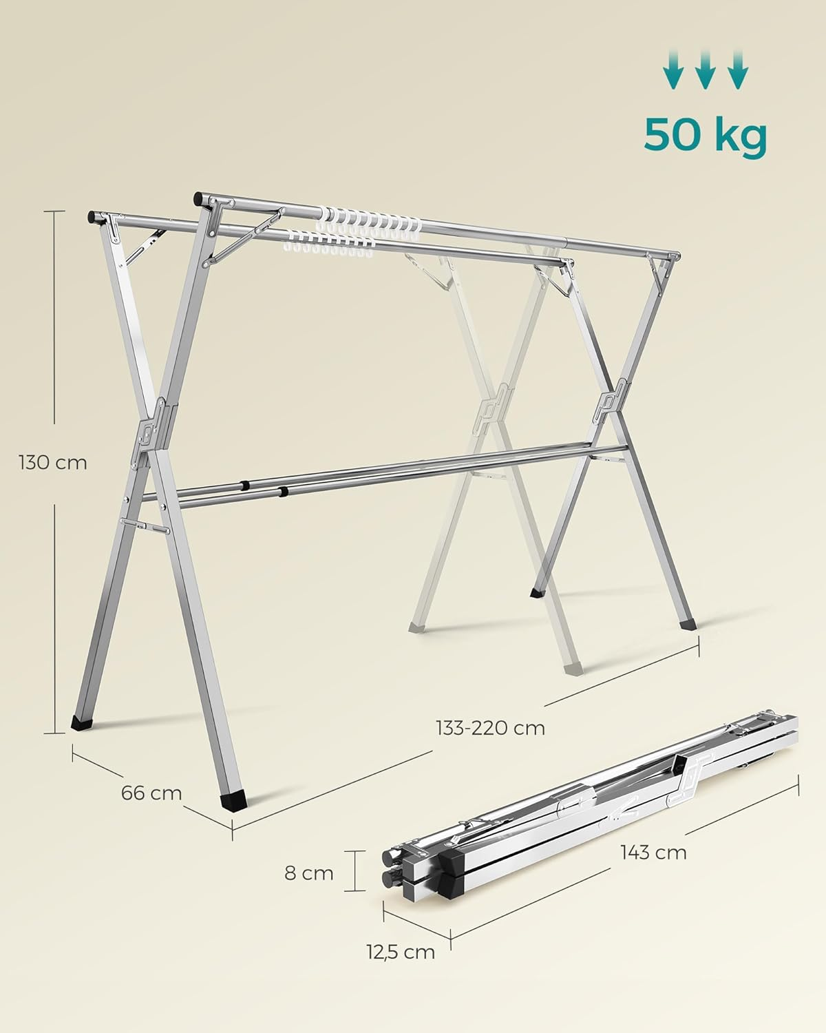 SONGMICS 133-200Cm Extendable Folding Freestanding Indoor Outdoor Clothes Airer Clothes Airer Dove Grey LLR902E01 image number 2