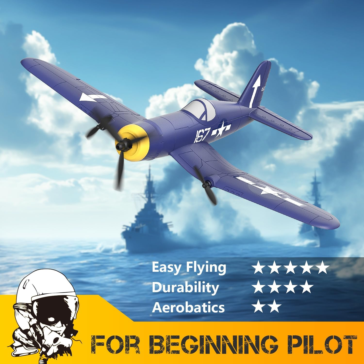 HAWK'S WORK 3 Channel RC Plane F4U Corsair, Remote Control Warbird Ready to Fly, 2.4Ghz 6-Axis Gyro Stabilizer, Easy to Fly for Kids & Beginners