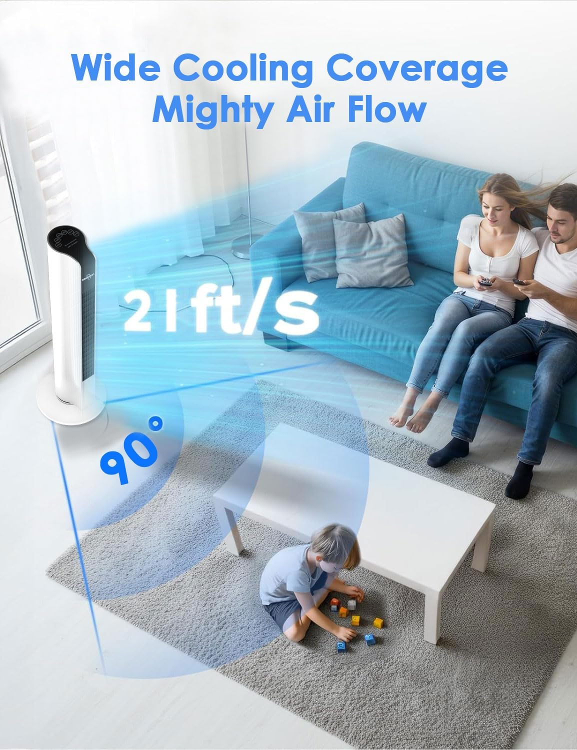 TUXOIUBA Tower Fan for Bedroom, 90&deg; Oscillating Fan with Remote, 86CM Quiet Cooling Fan with 3 Speeds Multiple Modes,8H Timer, Bladeless Standing Fan Floor Fan for Bedroom Home Office Indoor image number 1