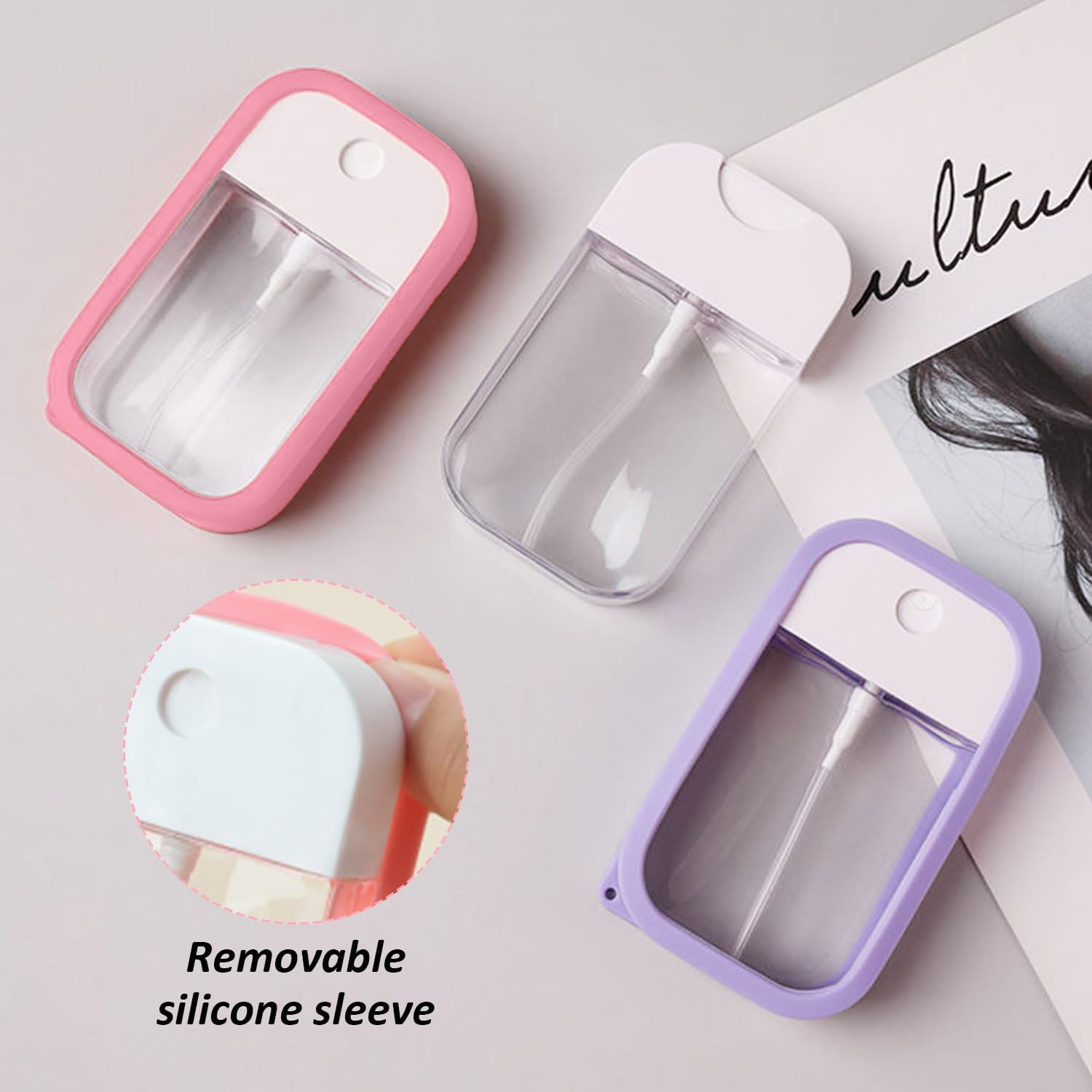 2 Square Press Spray Bottles, 2 Anti-Lost Double Hook Lanyards, Portable Silicone Spray Bottles, Travel Fragrance Underfilling, Reusable Cosmetic Spray Bottles