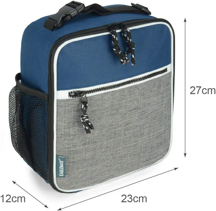 EAGLEMATE Insulated Lunch Bag &ndash; Portable Lunch Tote with Clip-On Buckle, Leakproof Interior, Front Pocket & Side Mesh &ndash; 7.5L Small Lunch Box for Work, School-Bpa Free (Navy Blue/Gray)