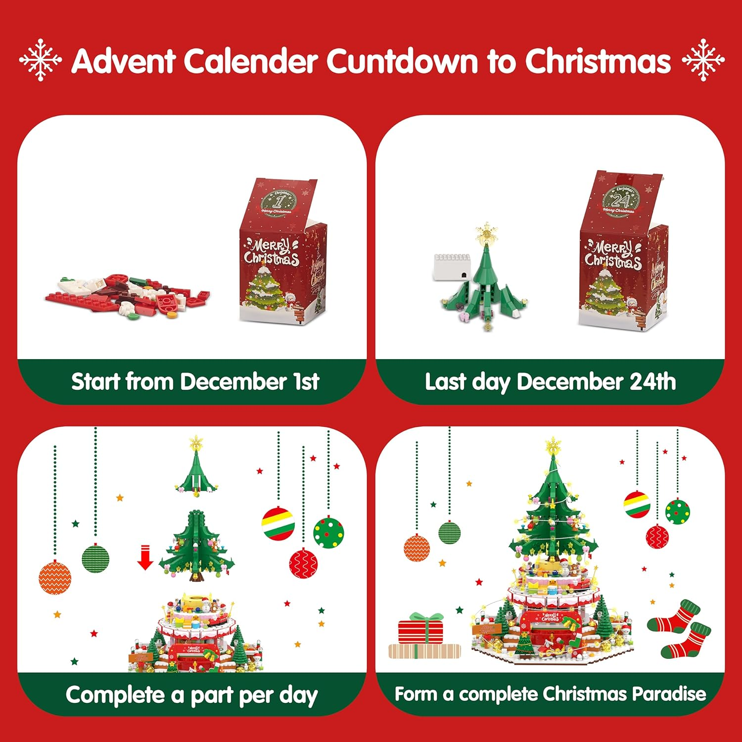 Advent Calendar 2024 Christmas Tree Paradise Building Toy Set with LED Light, 24 Boxes Surprise Christmas Countdown Calendar Building Blocks Display, Creative Gifts for Adults Teens Girls Ages 6+