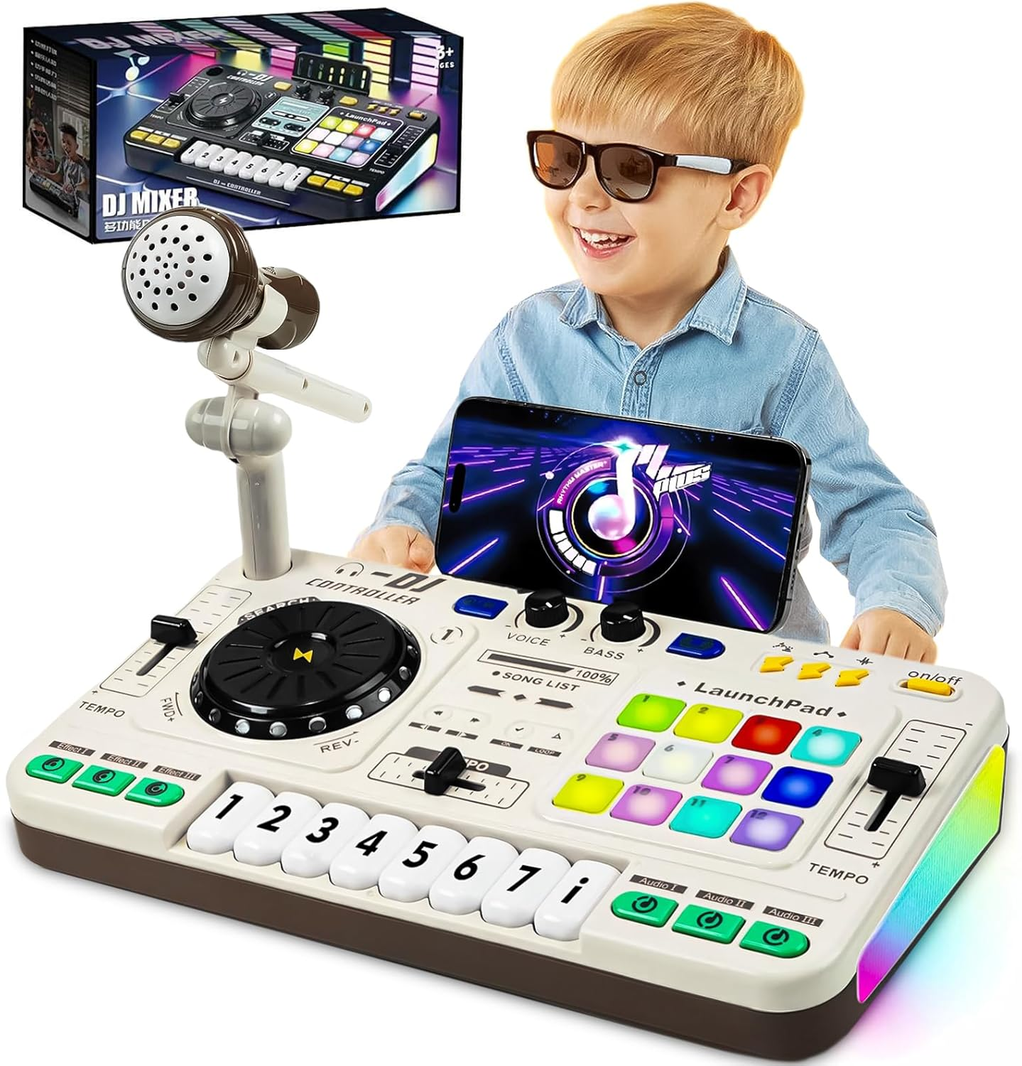 DJ Toy Set for Kids, Toddler Musical DJ Mixer Toys with Lights Sounds & Bluetooth-Enabled, Multi-Functional Musical Instrument, Best Gift for Ages 4+ (White)