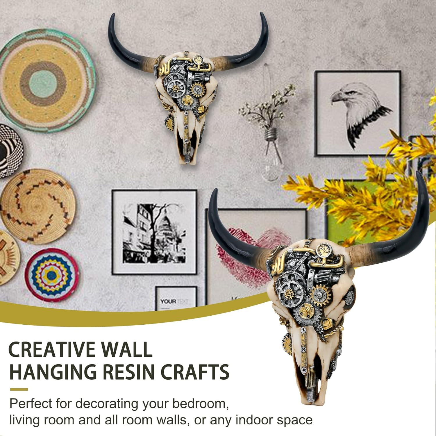 Alikiki Steampunk Cow Skull Wall-Decor - Western Bull Head Skull Wall Sculpture 3D Animal Head Wall Art Hanging Decor for Living Room Bedroom Kitchen Gift Modern Decoration image number 4